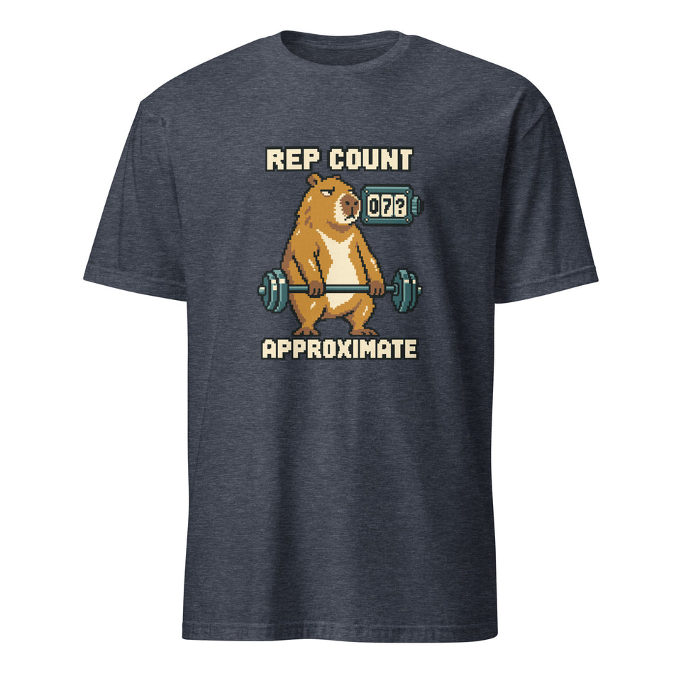 Rep Count: Approximate pixel art fitness t-shirt with an ochre capybara holding a teal barbell beside a 07? counter and cream lettering on a Heather Navy unisex t-shirt, front view