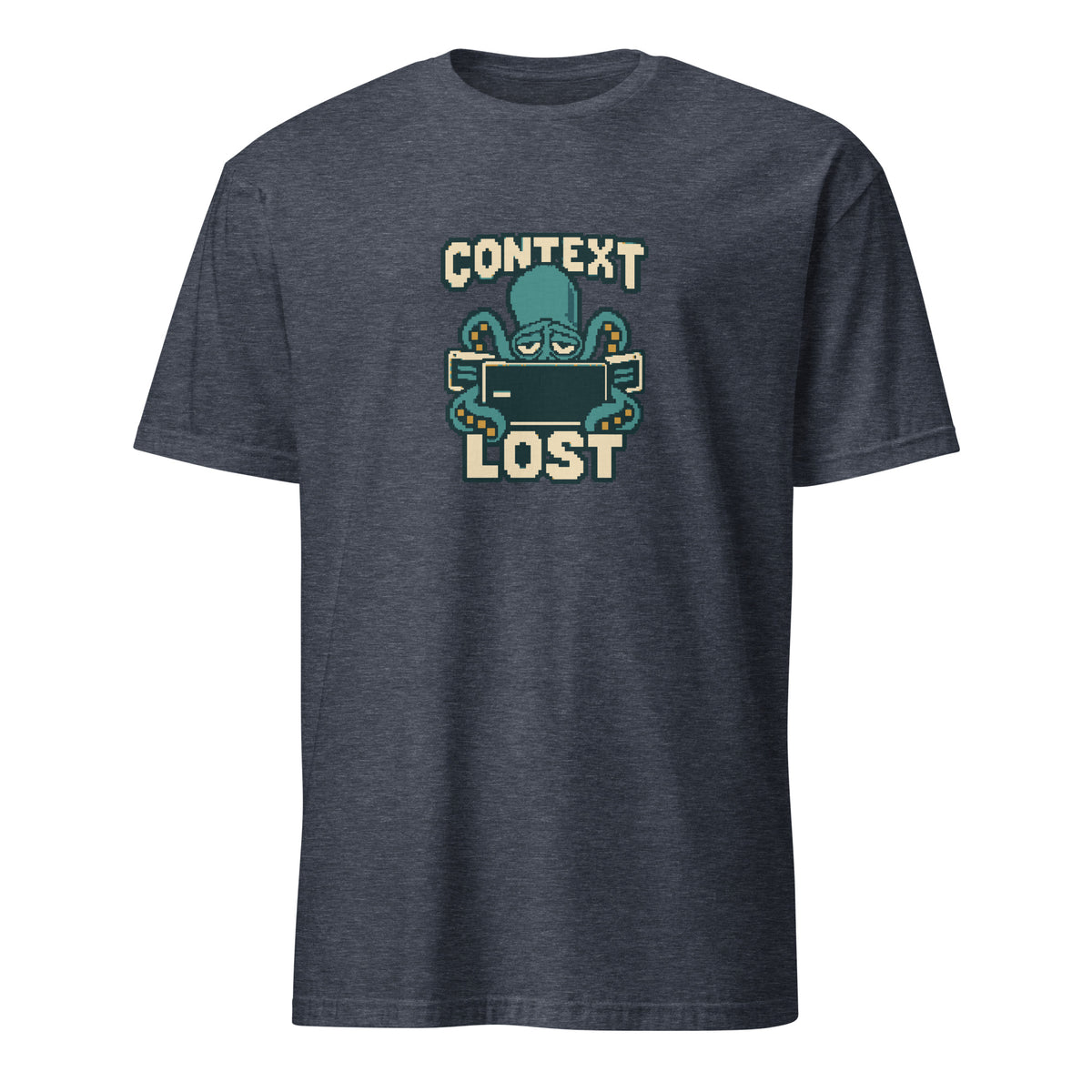 Context Lost pixel art developer t-shirt with a tired teal octopus behind an empty terminal and cream CONTEXT LOST lettering on a Heather Navy unisex t-shirt, front view