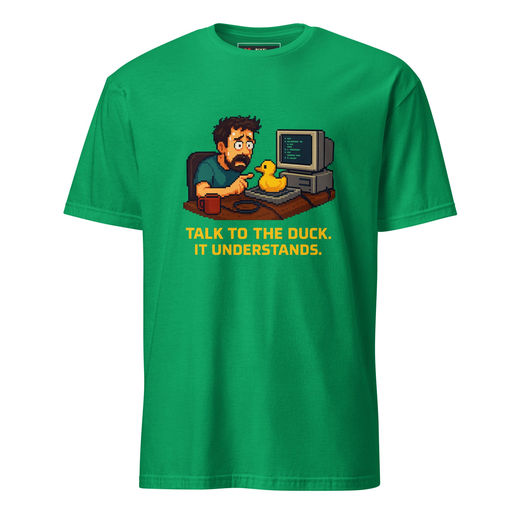 Talk to the Duck pixel art rubber duck debugging developer t-shirt in irish green