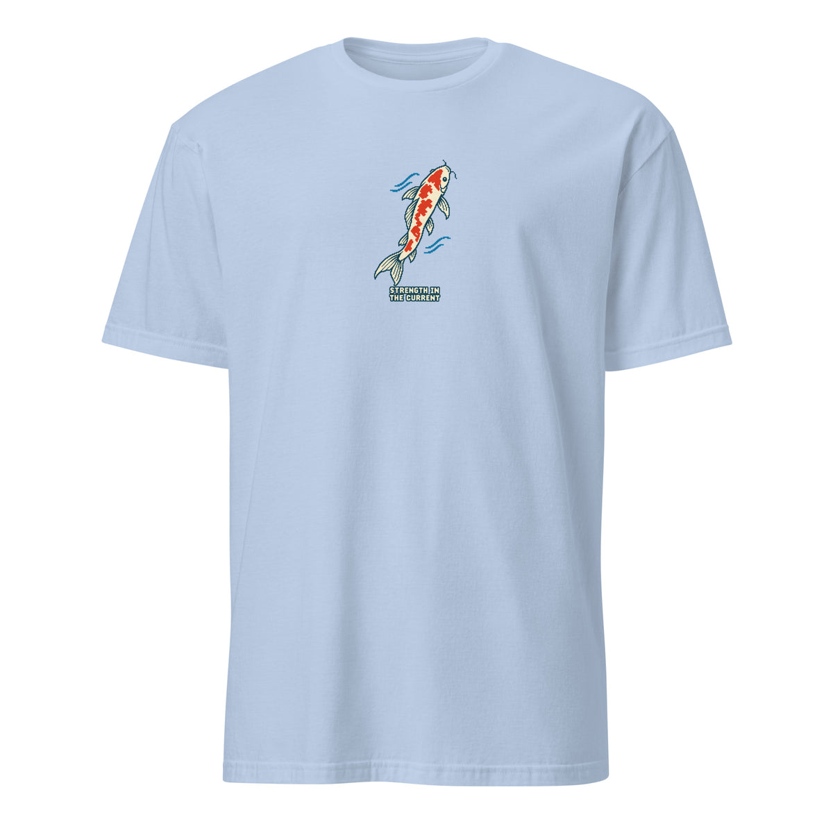 Strength in the Current Pixel Koi Tee in Light Blue, front view with a compact koi and STRENGTH IN THE CURRENT lettering