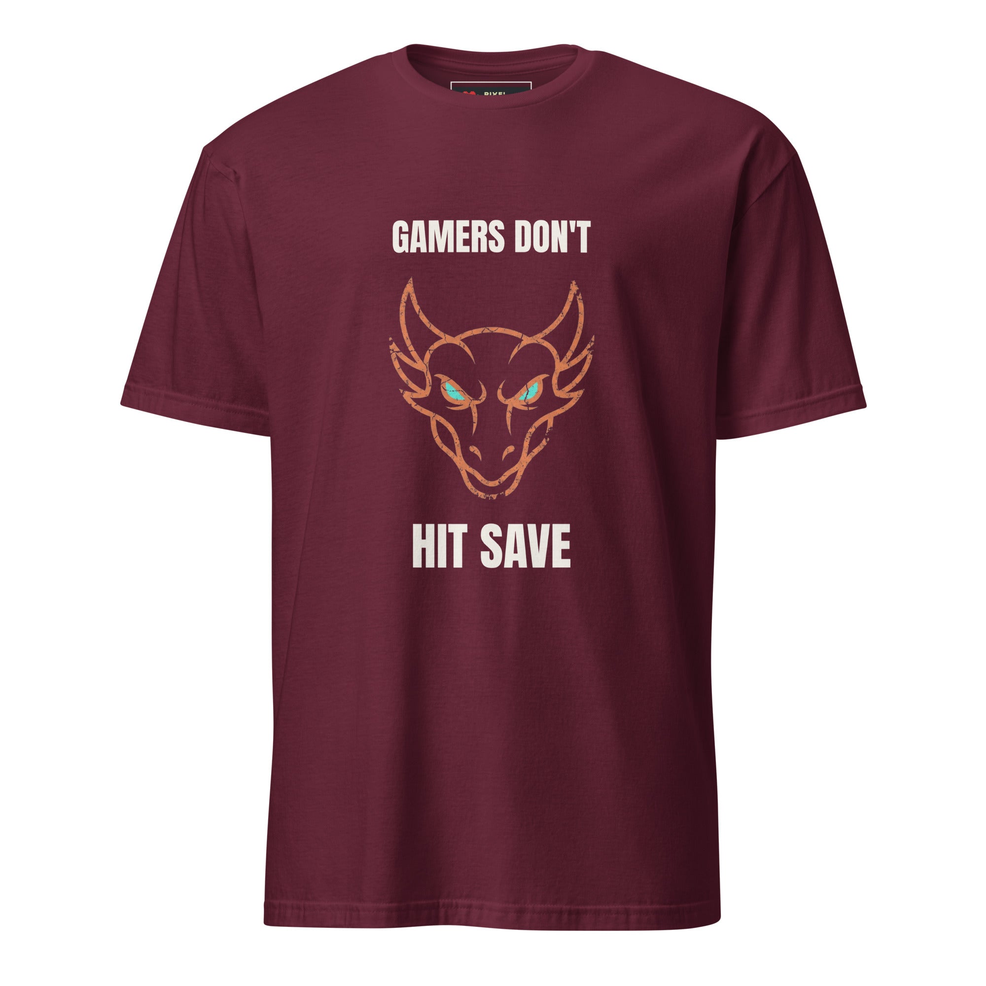 Distressed grunge dragon head in cream and orange with the slogan Gamers Don't Hit Save, printed on a Maroon gamer t-shirt