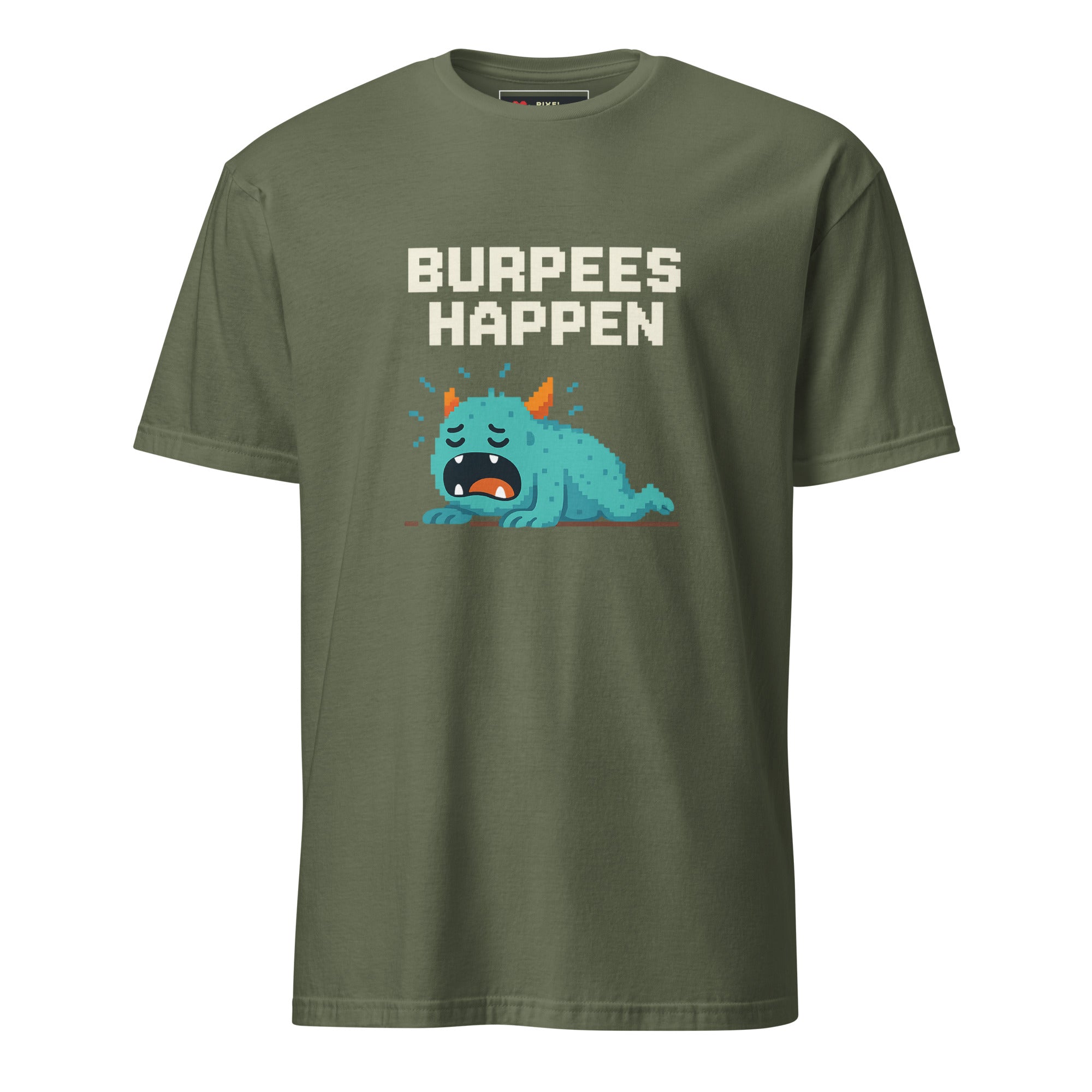 Burpees Happen pixel art workout fitness t-shirt in military green