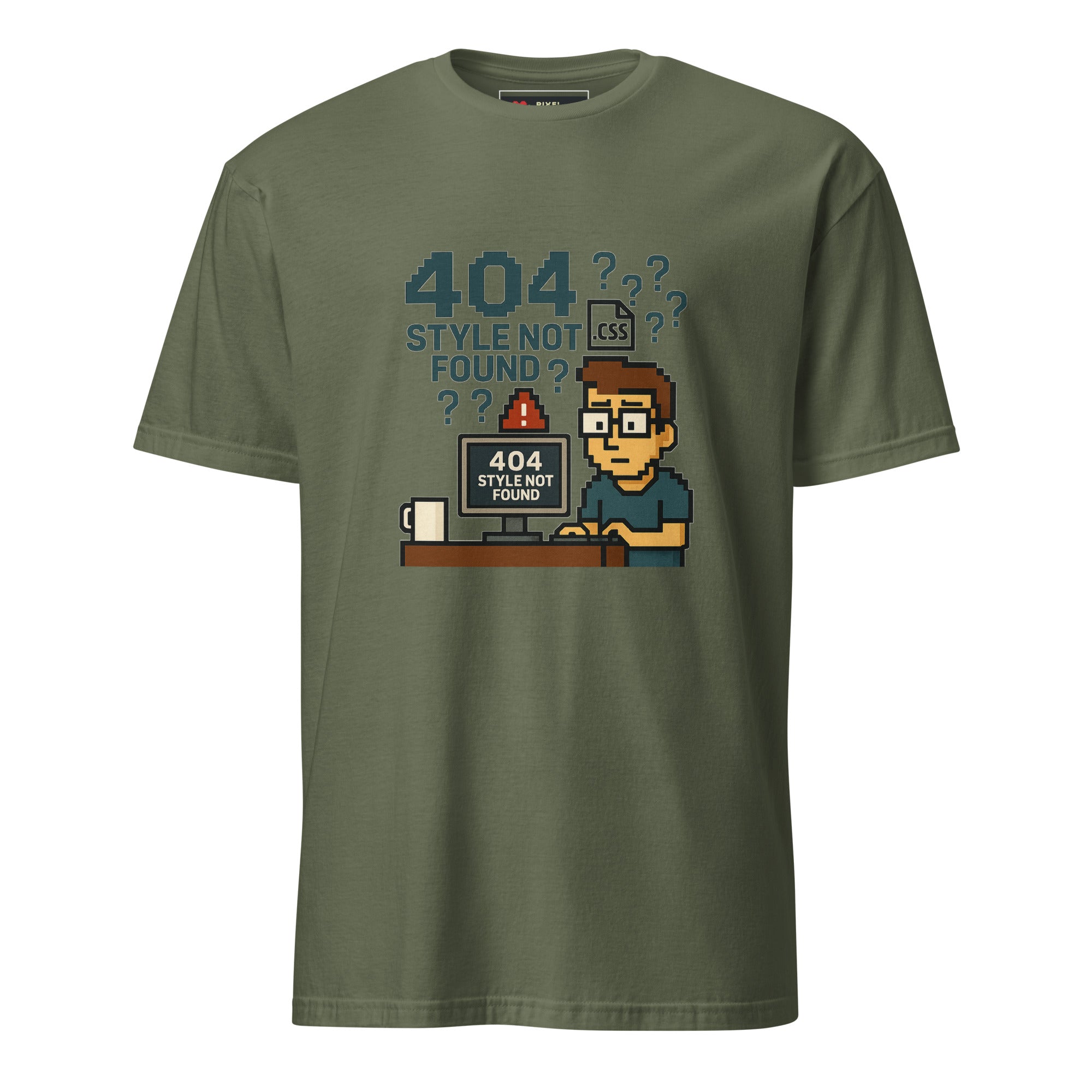 404 Style Not Found pixel art developer t-shirt in military green