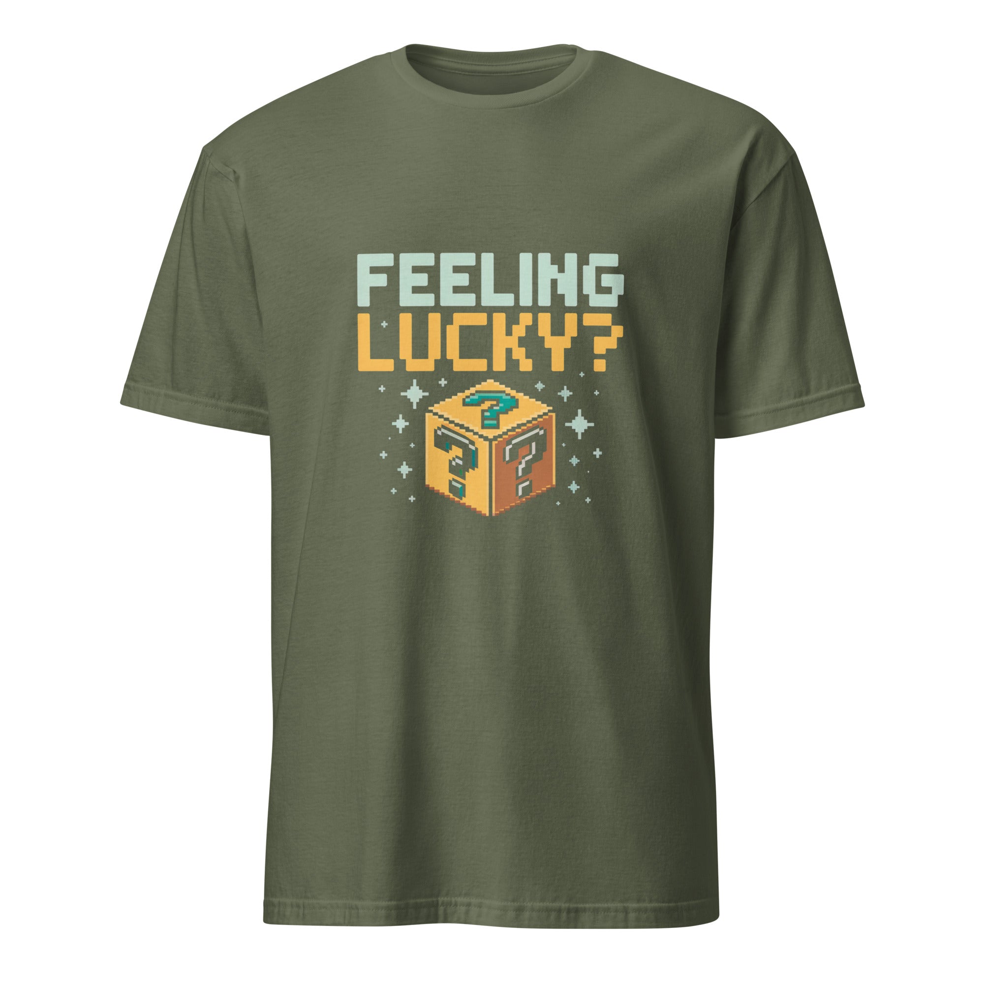 Feeling Lucky pixel art gamer t-shirt in military green