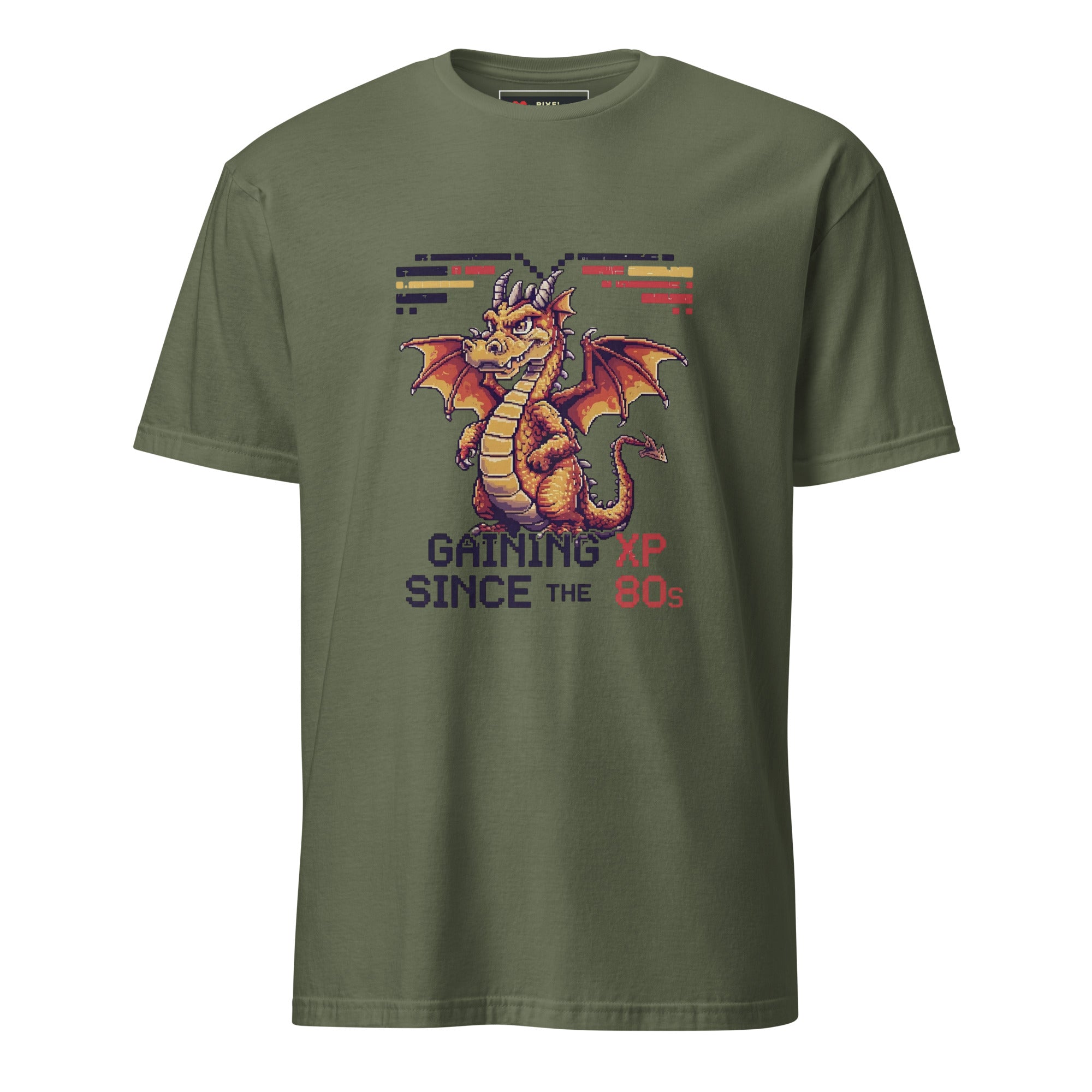 Gaining XP Since the 80s pixel art dragon gamer t-shirt in military green