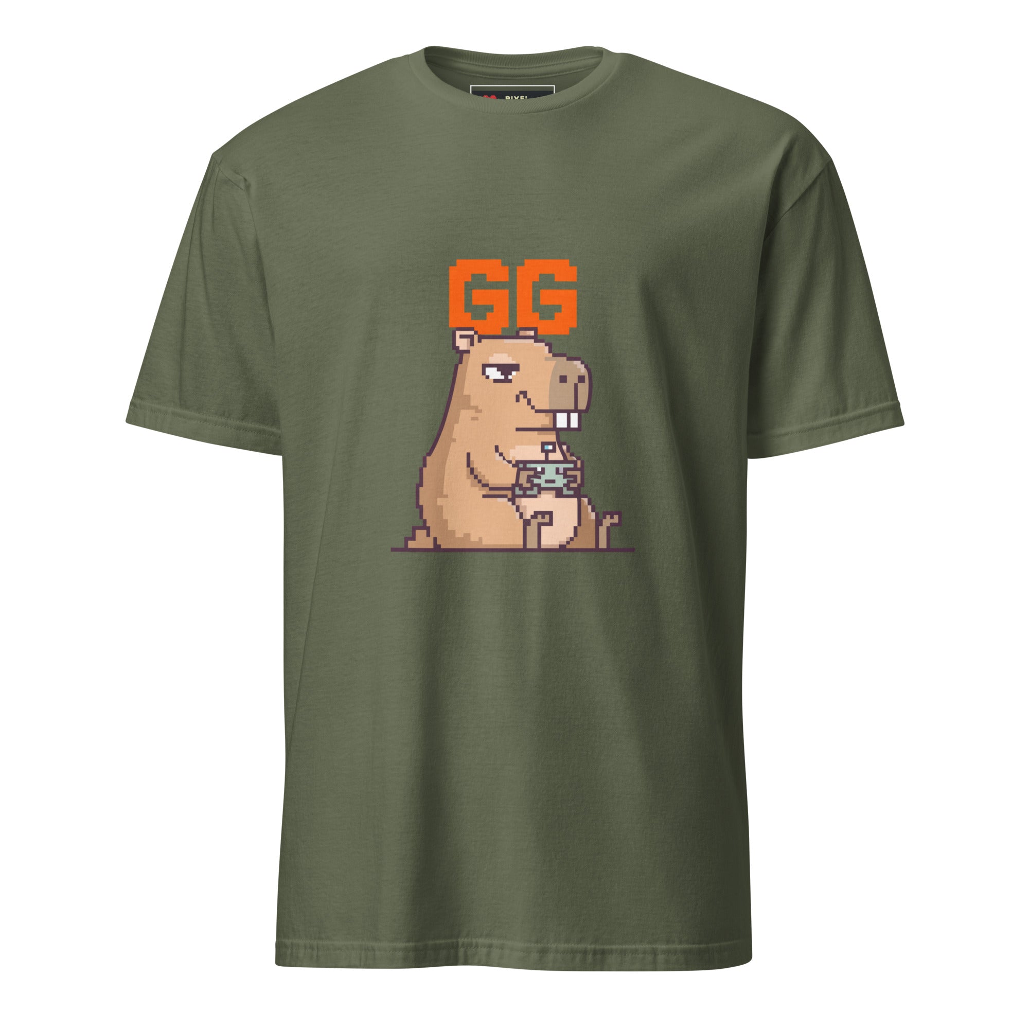 Unbothered Capybara GG pixel art gamer t-shirt — Military Green unisex short-sleeve tee