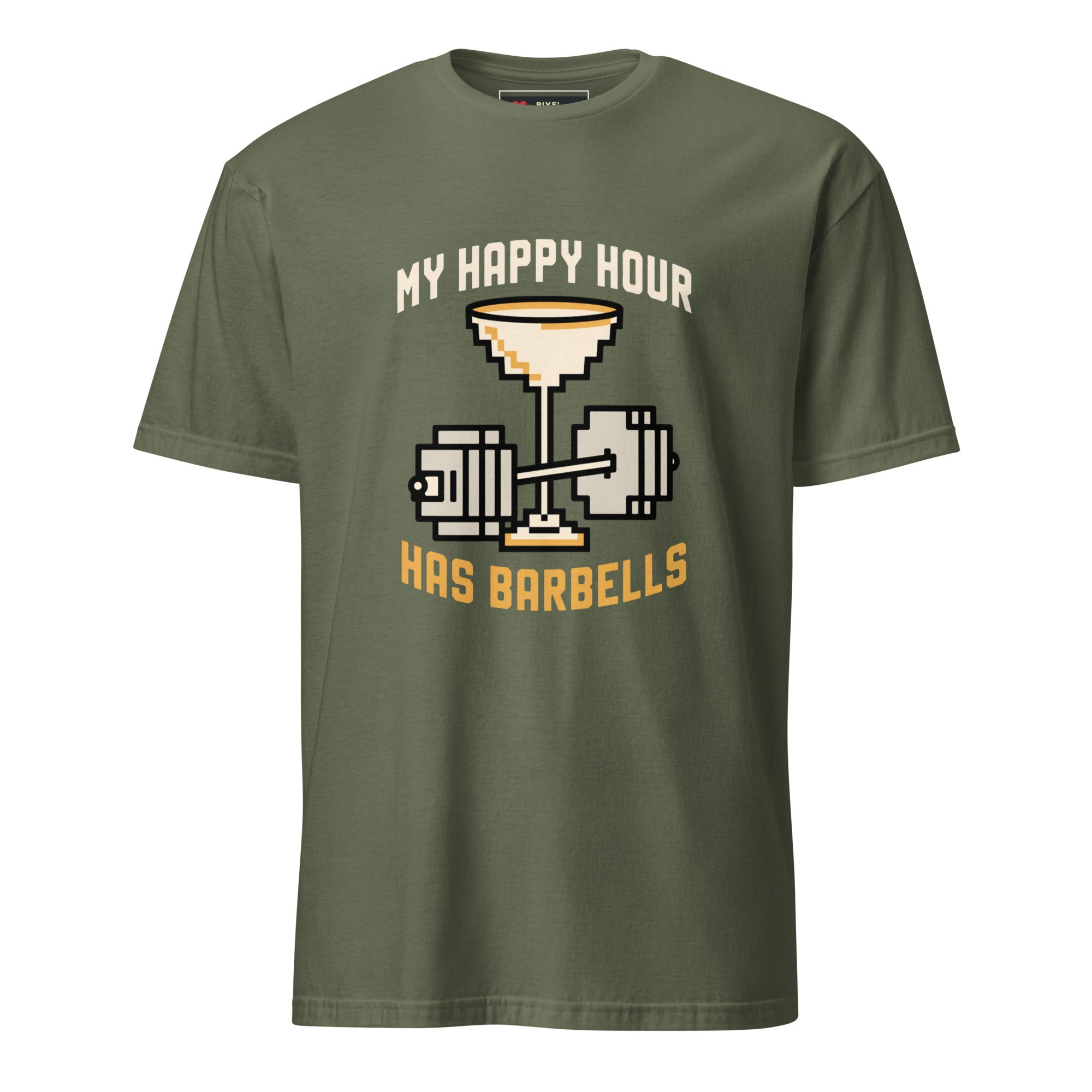 My Happy Hour Has Barbells pixel art fitness t-shirt in military green