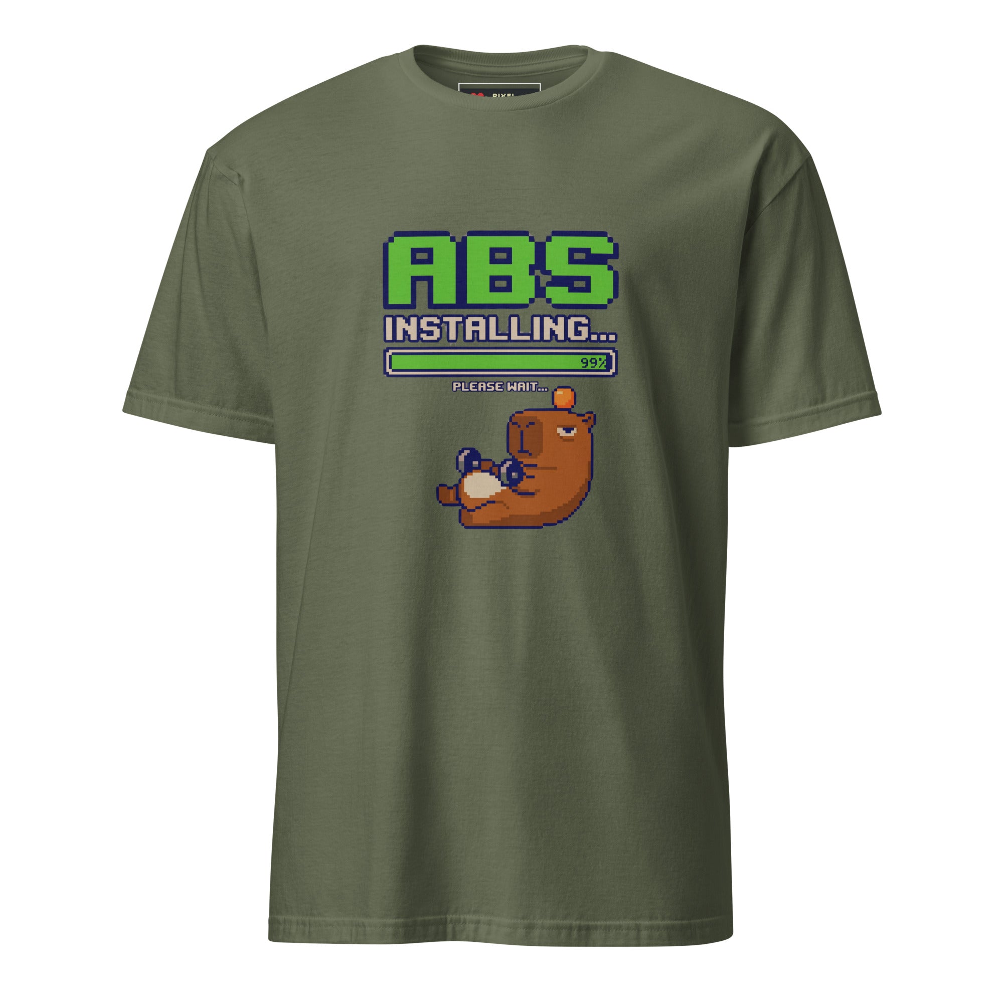 Installing Abs Please Wait pixel art t-shirt in military green