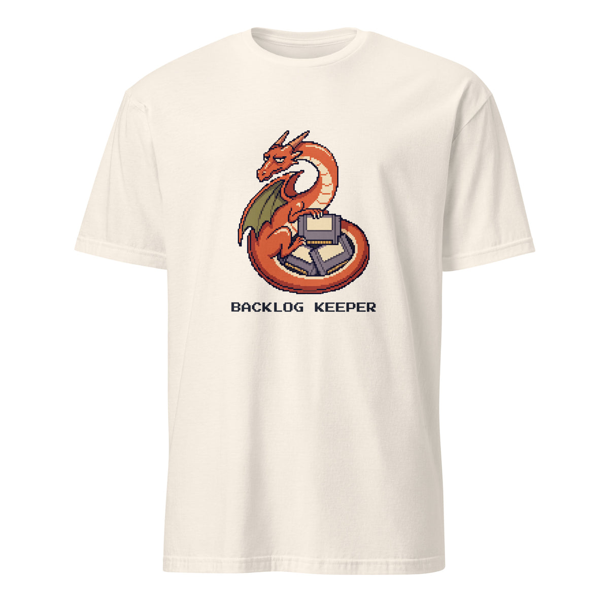 Backlog Keeper pixel gamer tee with an orange dragon guarding three retro game cartridges on a Natural unisex t-shirt, front view