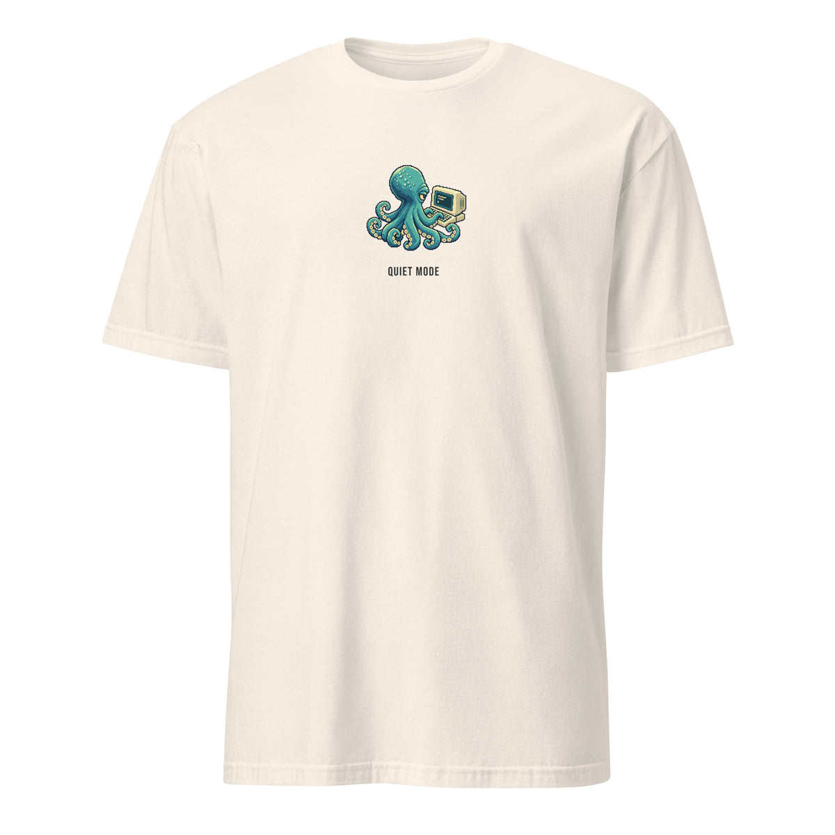 Quiet Mode Pixel Developer Tee in Natural, with a teal octopus using a small retro terminal above QUIET MODE lettering, front view