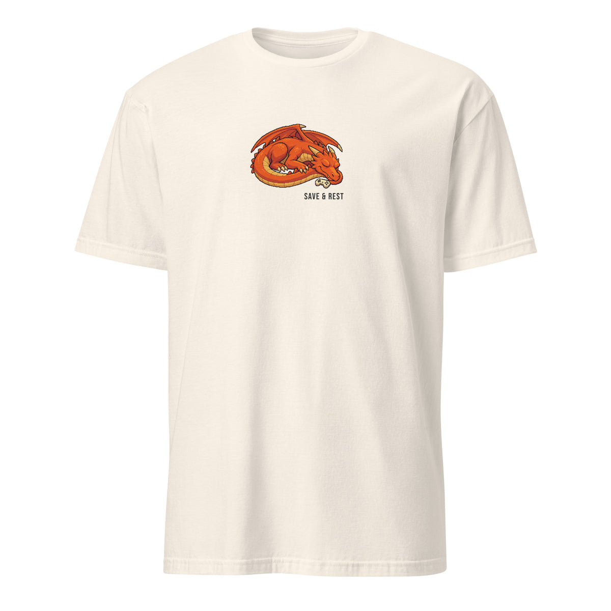 Save & Rest Pixel Gamer Tee in Natural, with a sleeping orange dragon with a controller set beside its snout above SAVE & REST lettering, front view