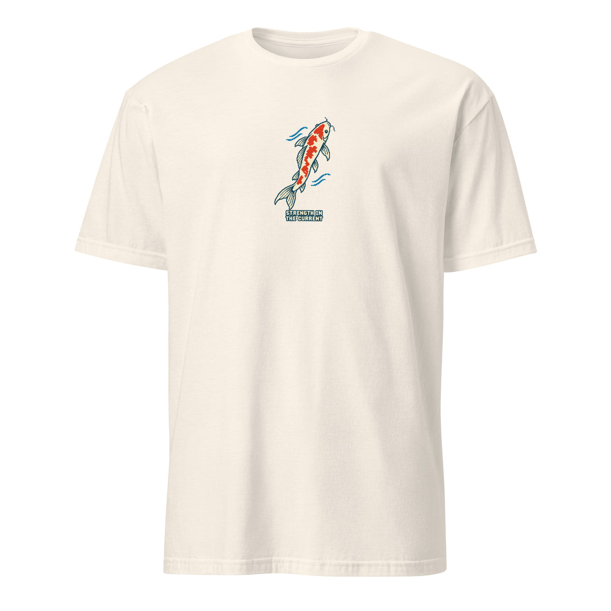 Strength in the Current Pixel Koi Tee in Natural, front view with a compact koi and STRENGTH IN THE CURRENT lettering