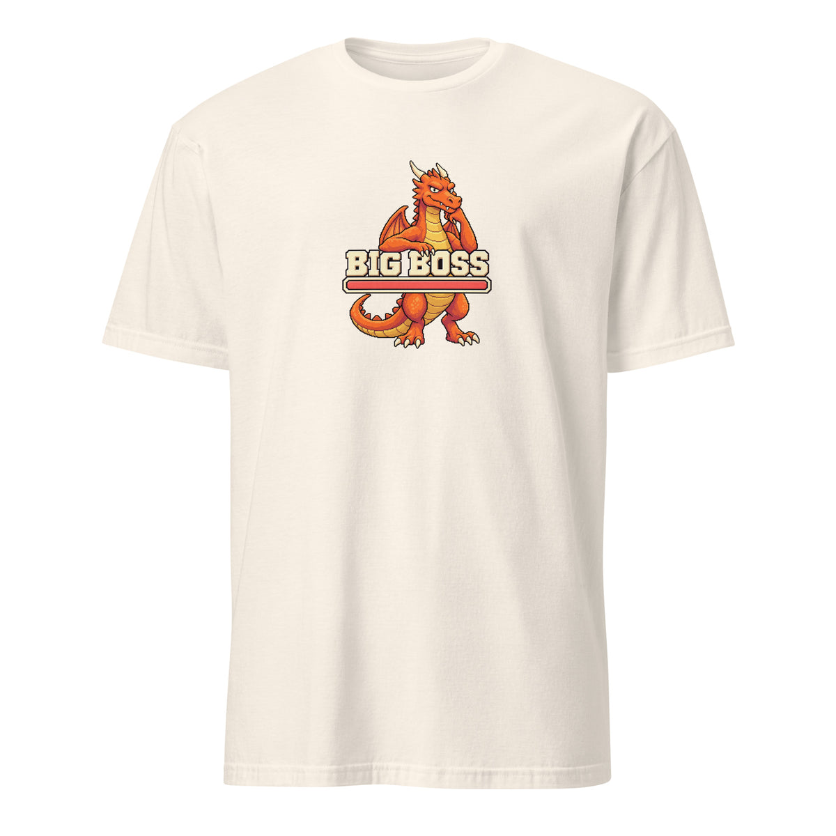 BIG BOSS Retro Gamer Tee in Natural, orange pixel dragon Drake leaning on BIG BOSS lettering and a full red health bar, front view