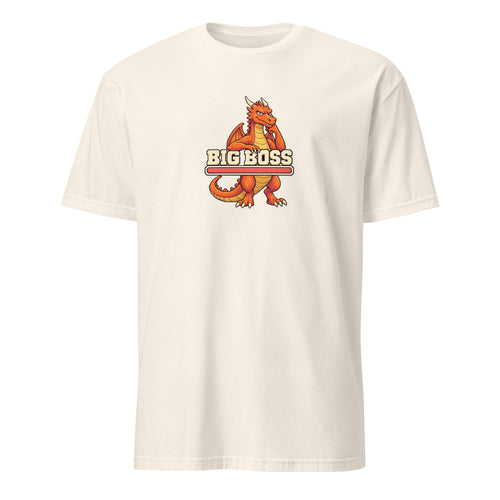 BIG BOSS Retro Gamer Tee in Natural, orange pixel dragon Drake leaning on BIG BOSS lettering and a full red health bar, front view