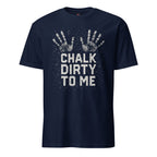 Chalk Dirty to Me pixel art gym chalk lifting t-shirt in navy