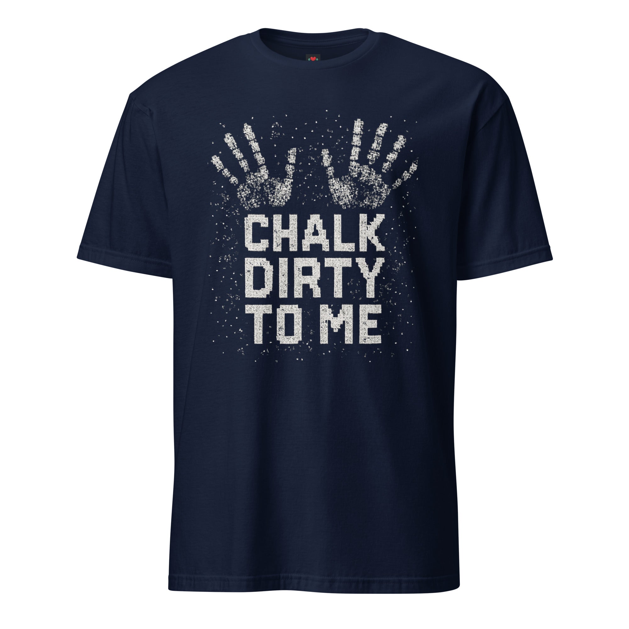 Chalk Dirty to Me pixel art gym chalk lifting t-shirt in navy