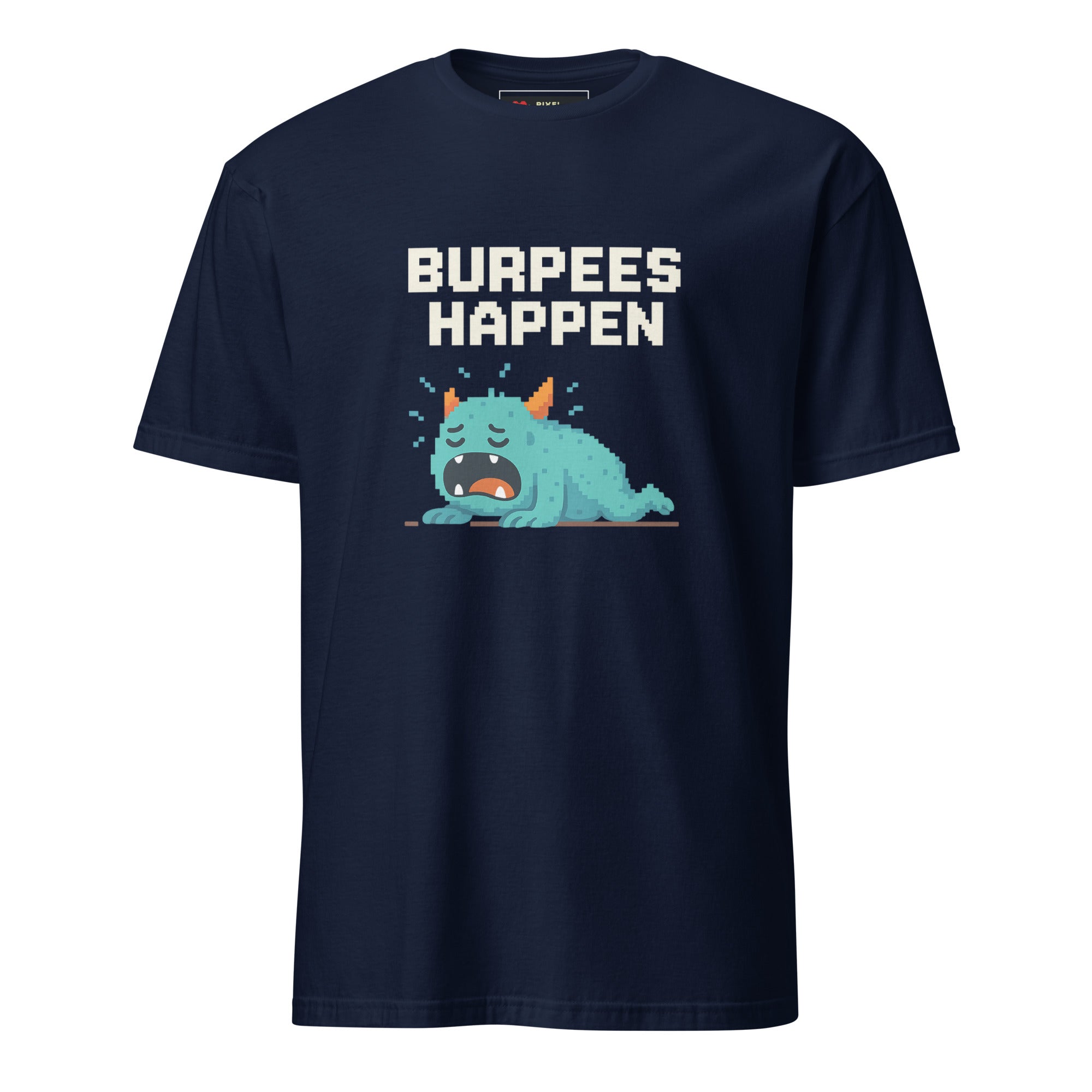 Burpees Happen pixel art workout fitness t-shirt in navy