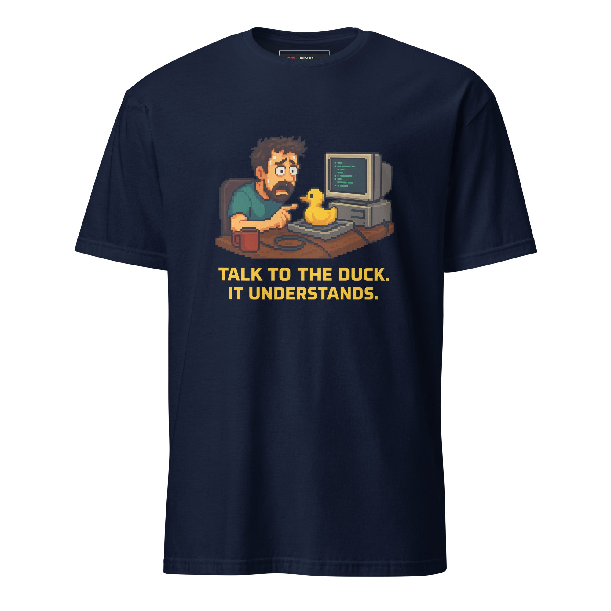 Talk to the Duck pixel art rubber duck debugging developer t-shirt in navy