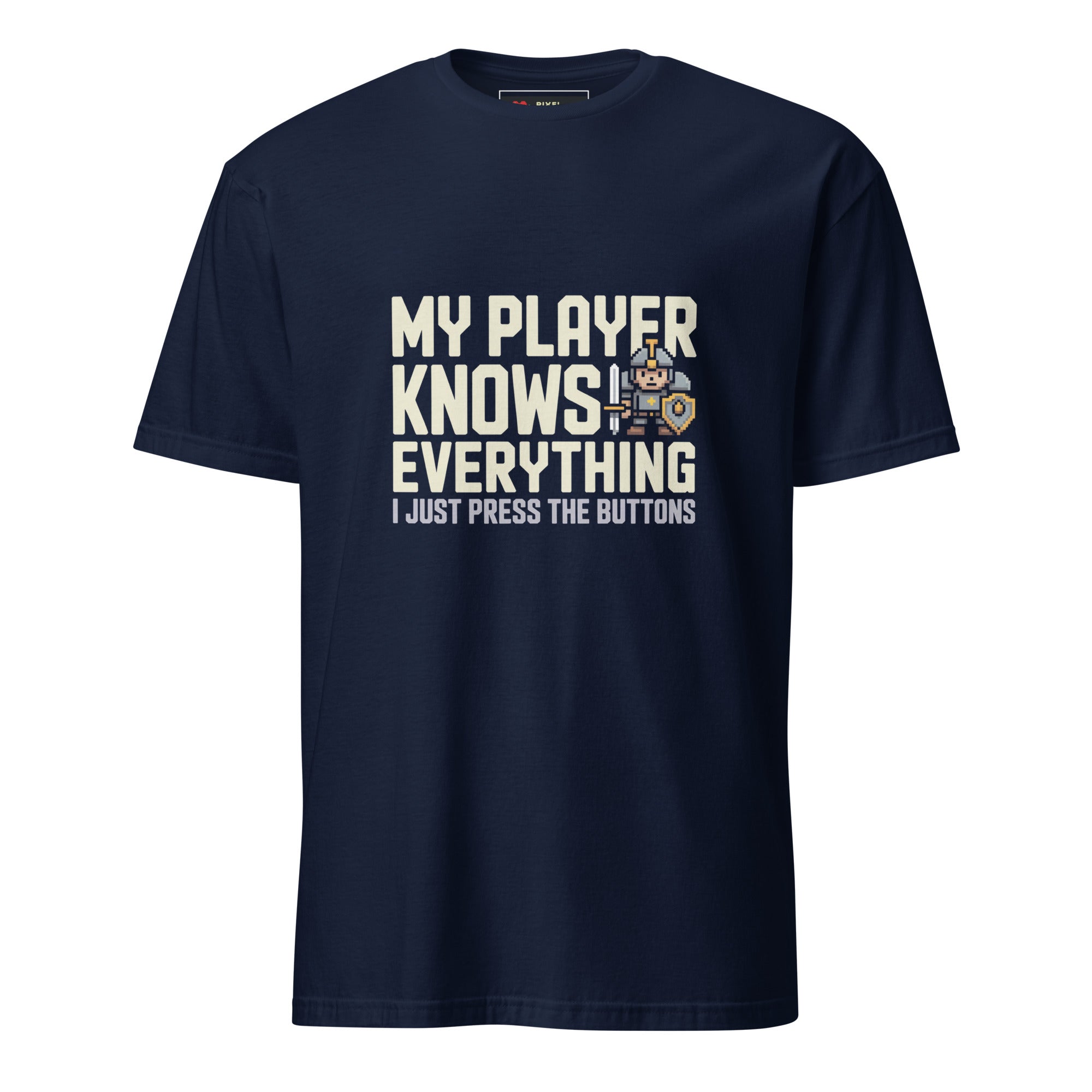 My Player Knows Everything pixel art RPG knight gamer t-shirt in navy