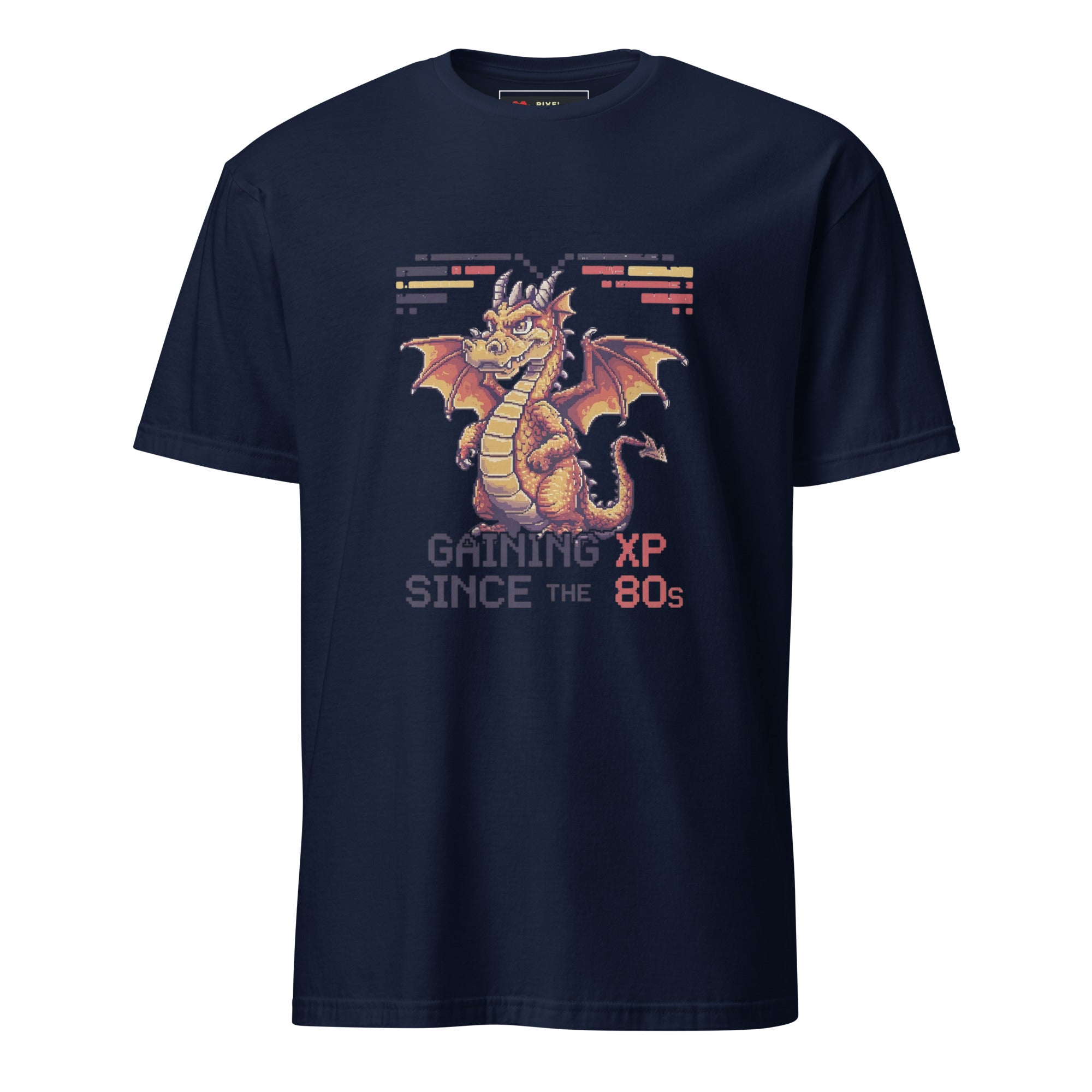 Gaining XP Since the 80s pixel art dragon gamer t-shirt in navy