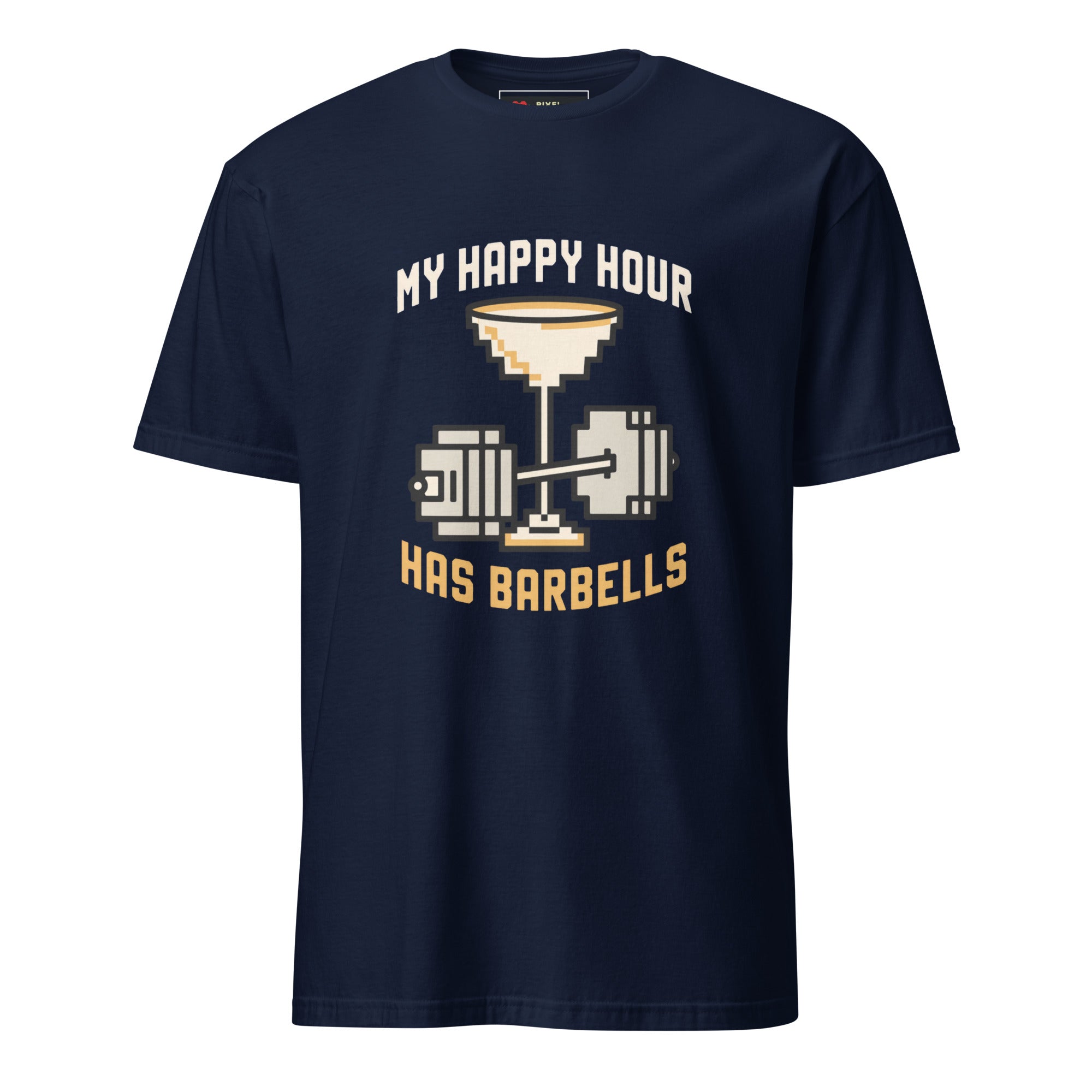 My Happy Hour Has Barbells pixel art fitness t-shirt in navy