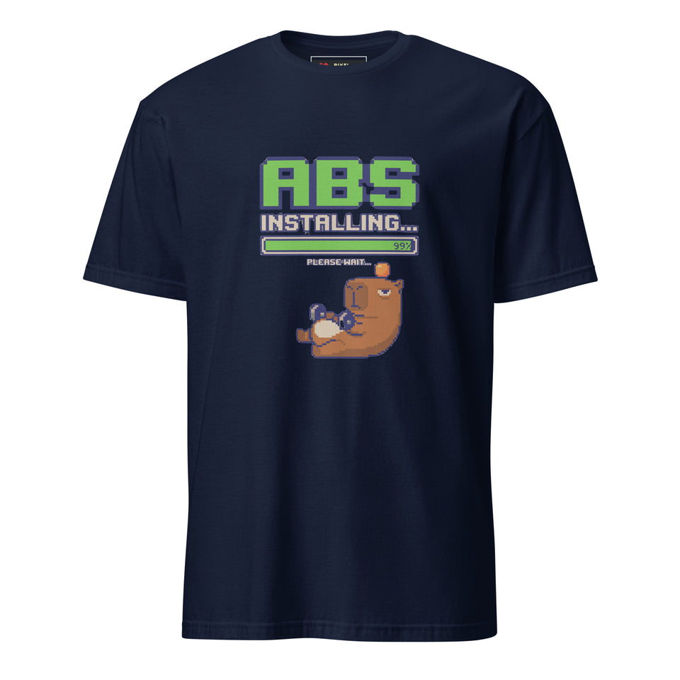 Installing Abs Please Wait pixel art t-shirt in navy