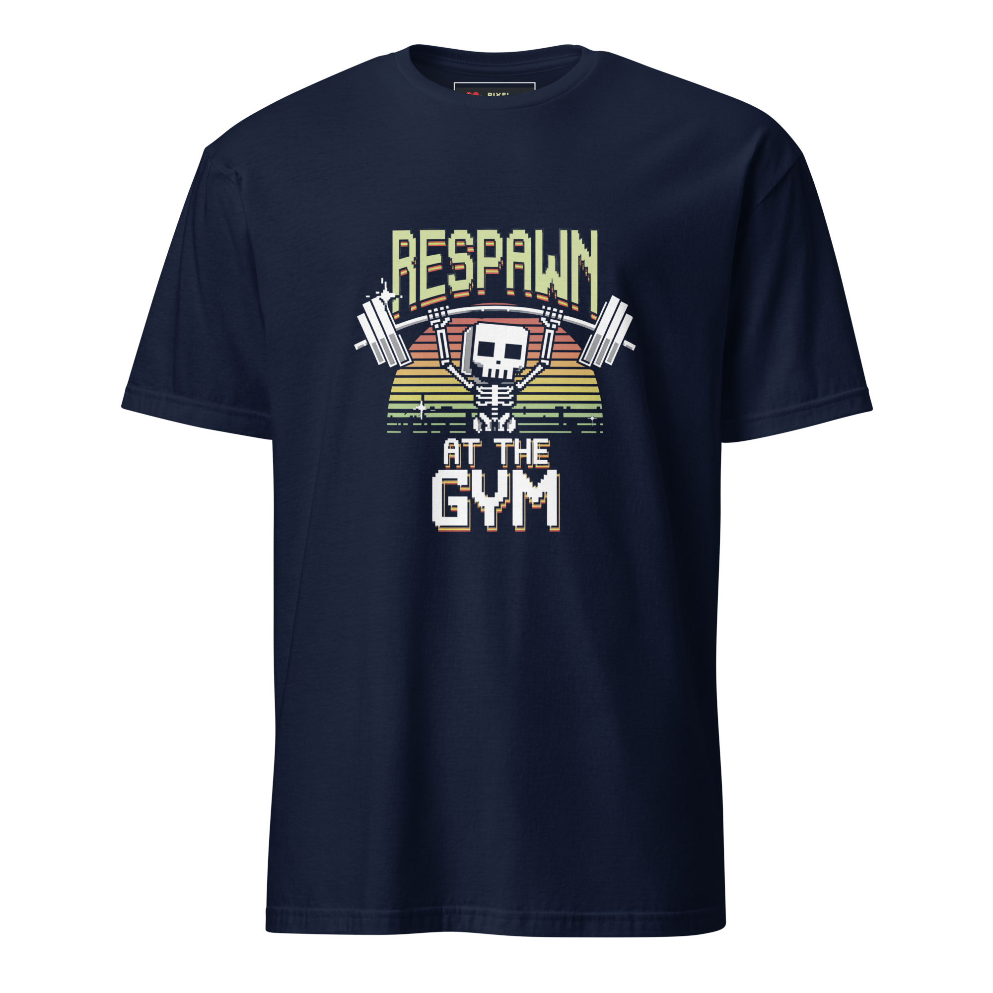 Respawn at the Gym pixel art t-shirt in navy