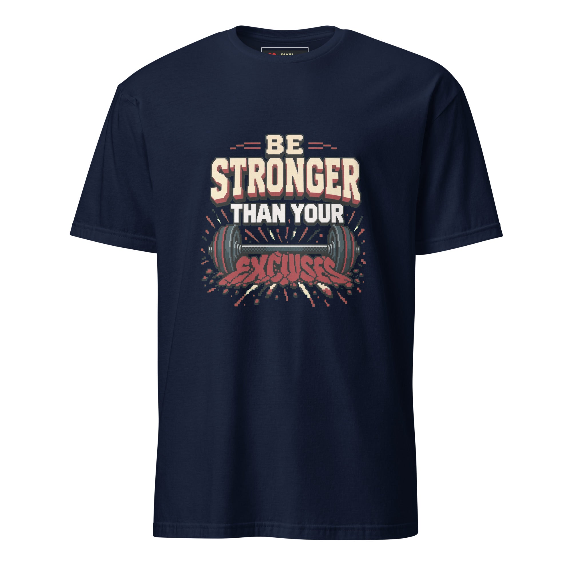 Be Stronger Than Your Excuses pixel art gym t-shirt in navy