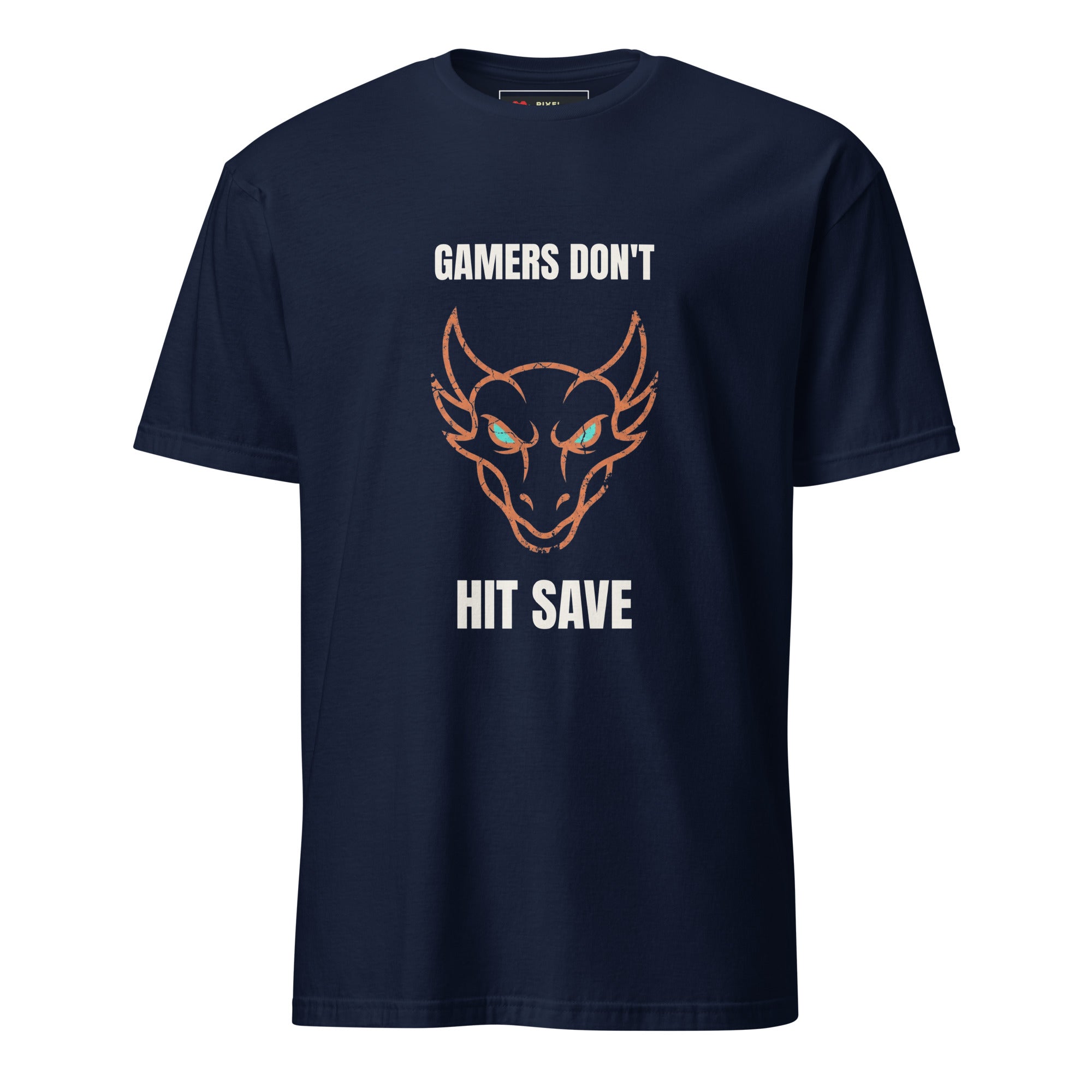 Distressed grunge dragon head in cream and orange with the slogan Gamers Don't Hit Save, printed on a Navy gamer t-shirt
