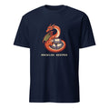 Backlog Keeper pixel gamer tee with an orange dragon guarding three retro game cartridges on a Navy unisex t-shirt, front view