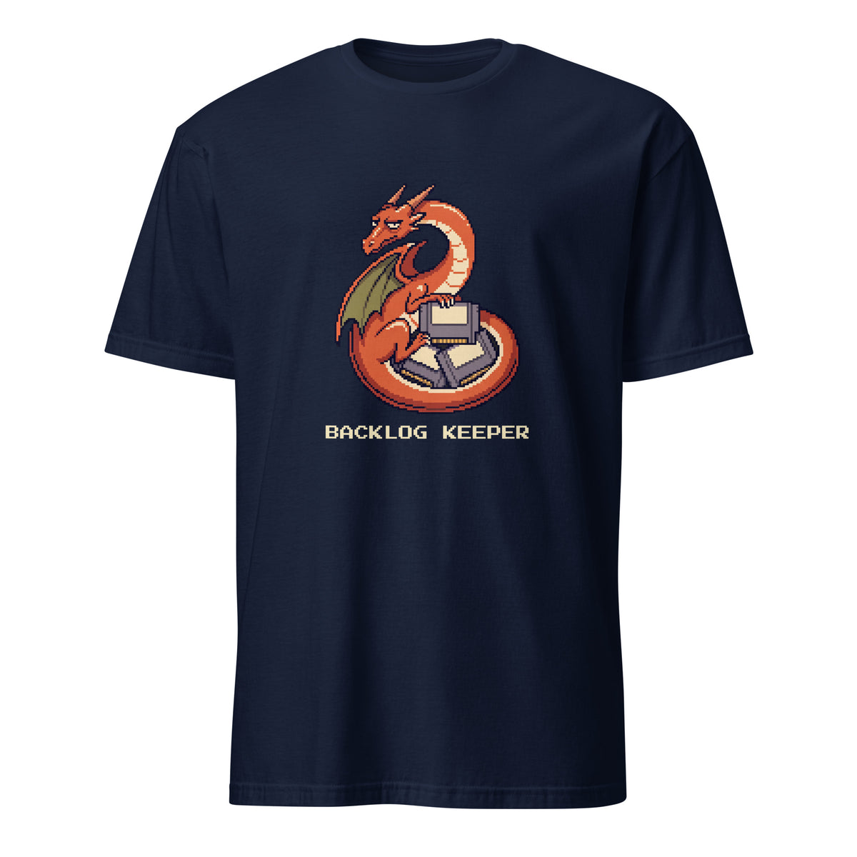 Backlog Keeper pixel gamer tee with an orange dragon guarding three retro game cartridges on a Navy unisex t-shirt, front view