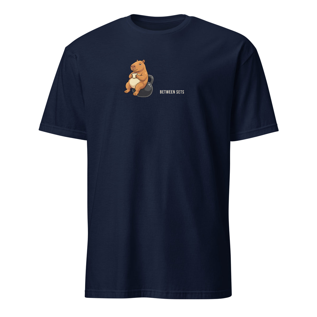 Between Sets Pixel Fitness Tee in Navy, with a seated capybara holding a cup on a kettlebell beside BETWEEN SETS lettering, front view