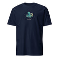 Quiet Mode Pixel Developer Tee in Navy, with a teal octopus using a small retro terminal above QUIET MODE lettering, front view