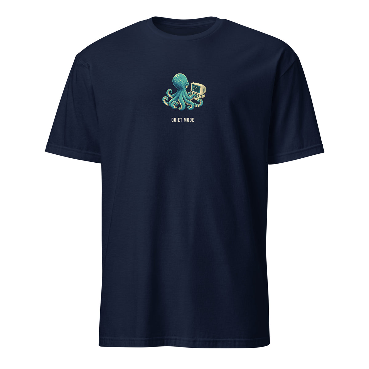 Quiet Mode Pixel Developer Tee in Navy, with a teal octopus using a small retro terminal above QUIET MODE lettering, front view