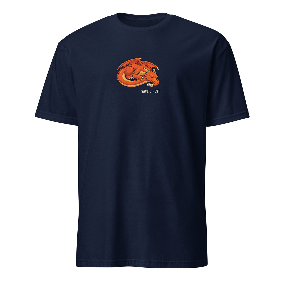 Save & Rest Pixel Gamer Tee in Navy, with a sleeping orange dragon with a controller set beside its snout above SAVE & REST lettering, front view