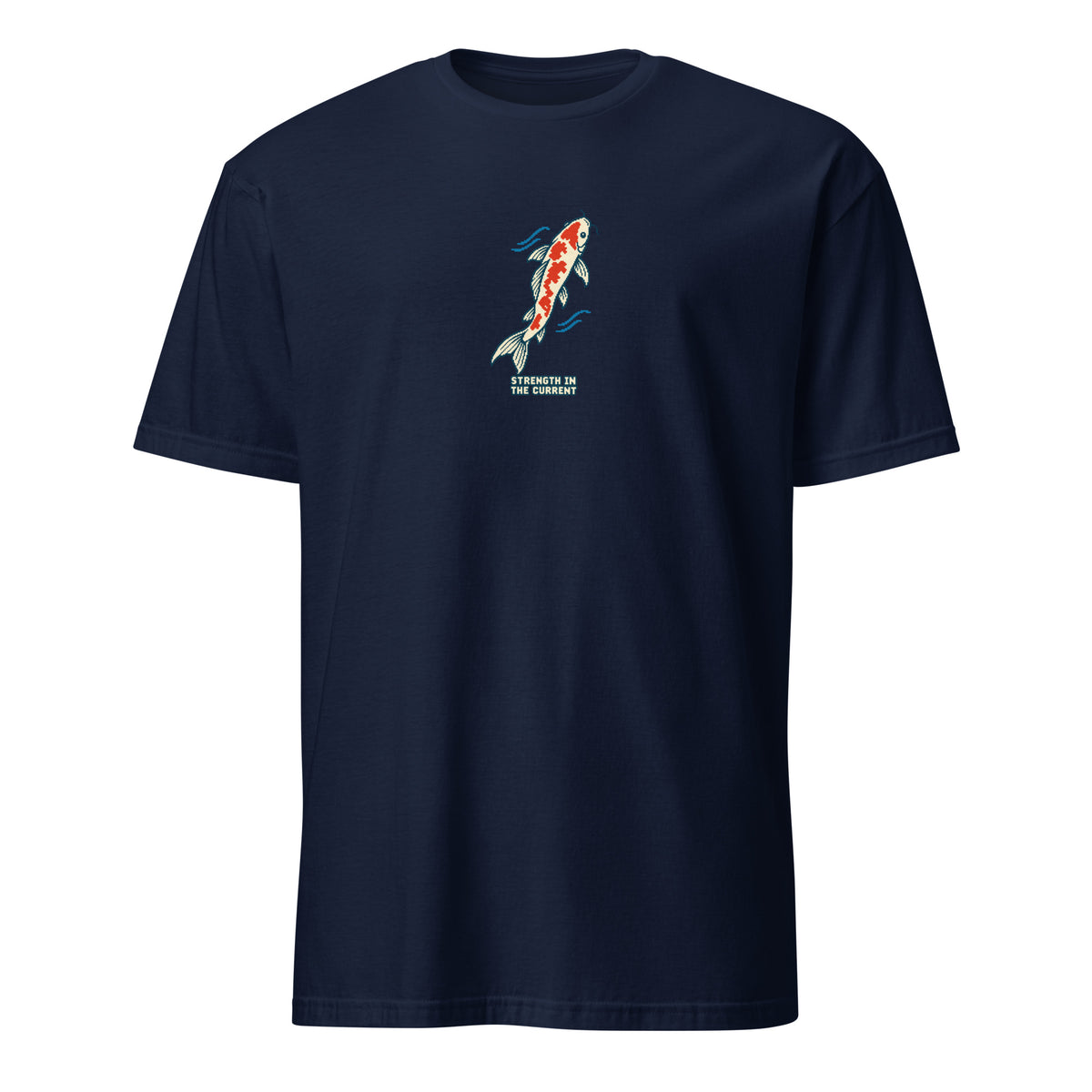 Strength in the Current Pixel Koi Tee in Navy, front view with a compact koi and STRENGTH IN THE CURRENT lettering