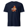 BIG BOSS Retro Gamer Tee in Navy, orange pixel dragon Drake leaning on BIG BOSS lettering and a full red health bar, front view