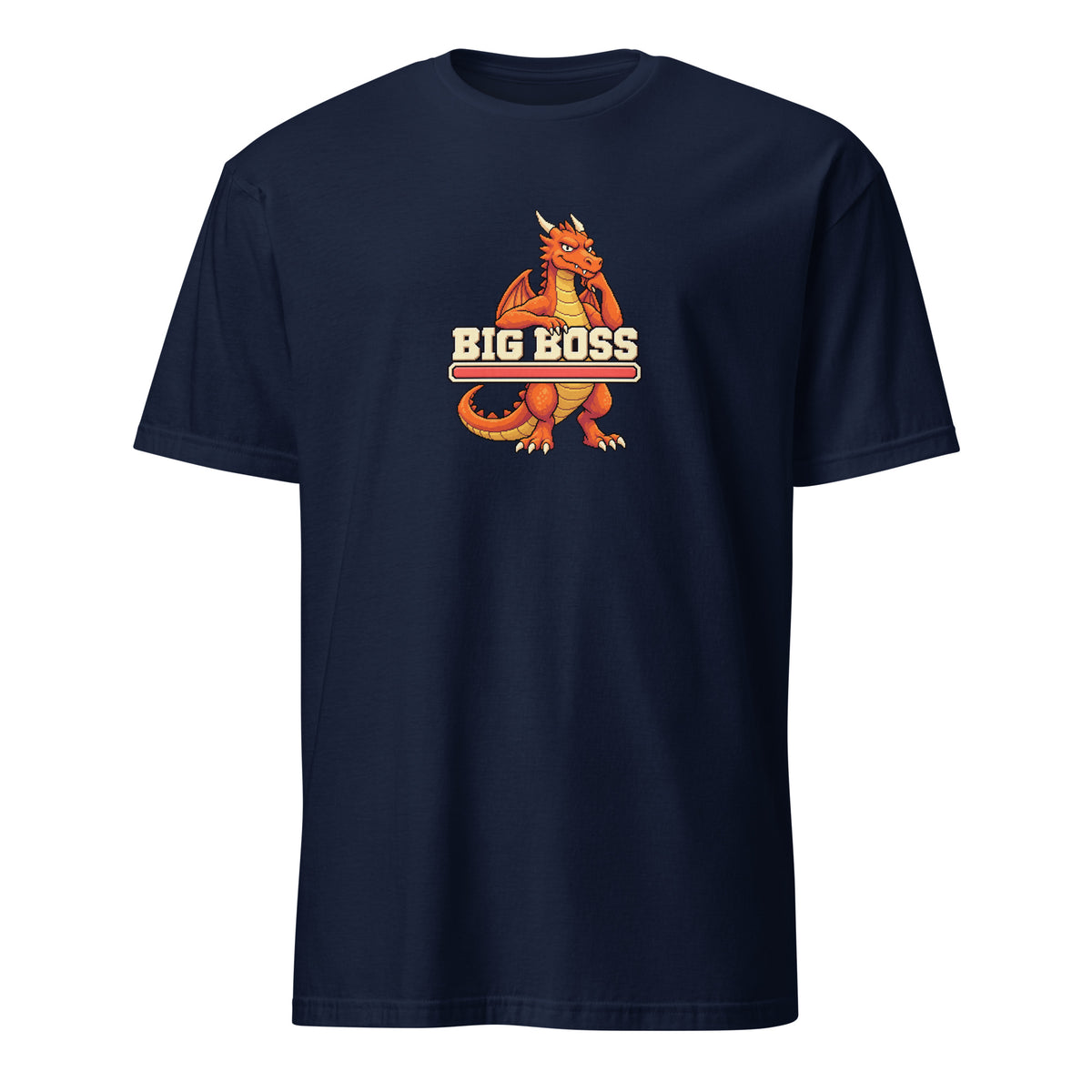BIG BOSS Retro Gamer Tee in Navy, orange pixel dragon Drake leaning on BIG BOSS lettering and a full red health bar, front view