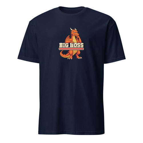 BIG BOSS Retro Gamer Tee in Navy, orange pixel dragon Drake leaning on BIG BOSS lettering and a full red health bar, front view