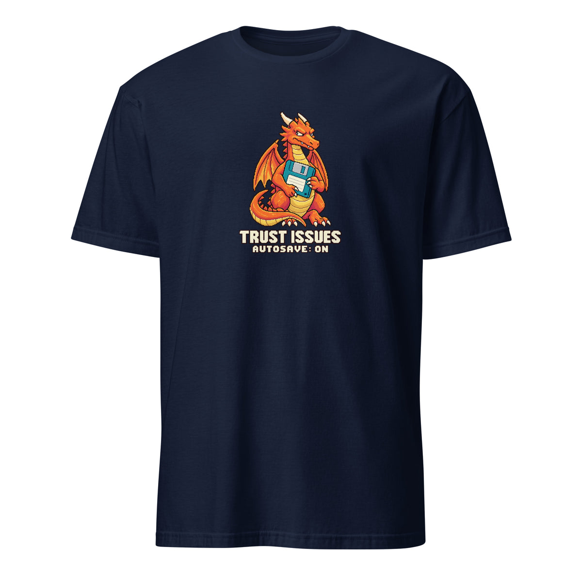 Trust Issues Pixel Gamer Tee in Navy, orange pixel dragon holding a teal floppy disk with TRUST ISSUES and AUTOSAVE: ON lettering, front view