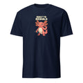 Built to Rebuild pixel fitness t-shirt with a coral axolotl holding a dumbbell and small coral blocks beside its free wrist on a Navy unisex tee