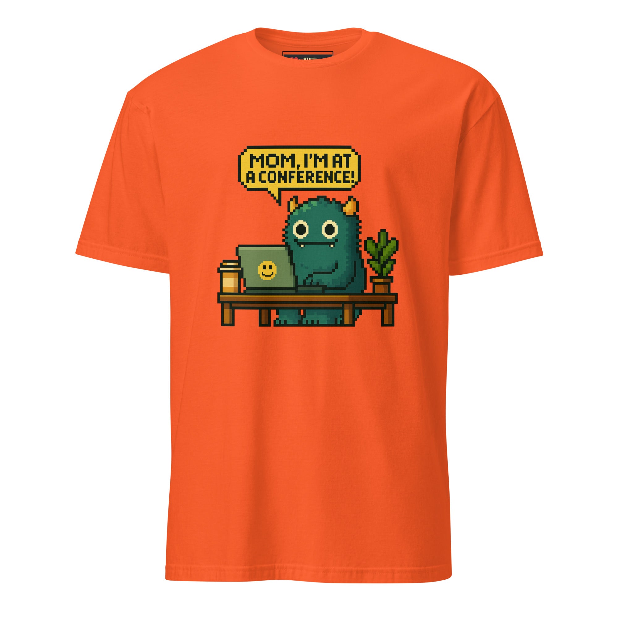 Me at Conference pixel art developer life t-shirt in orange