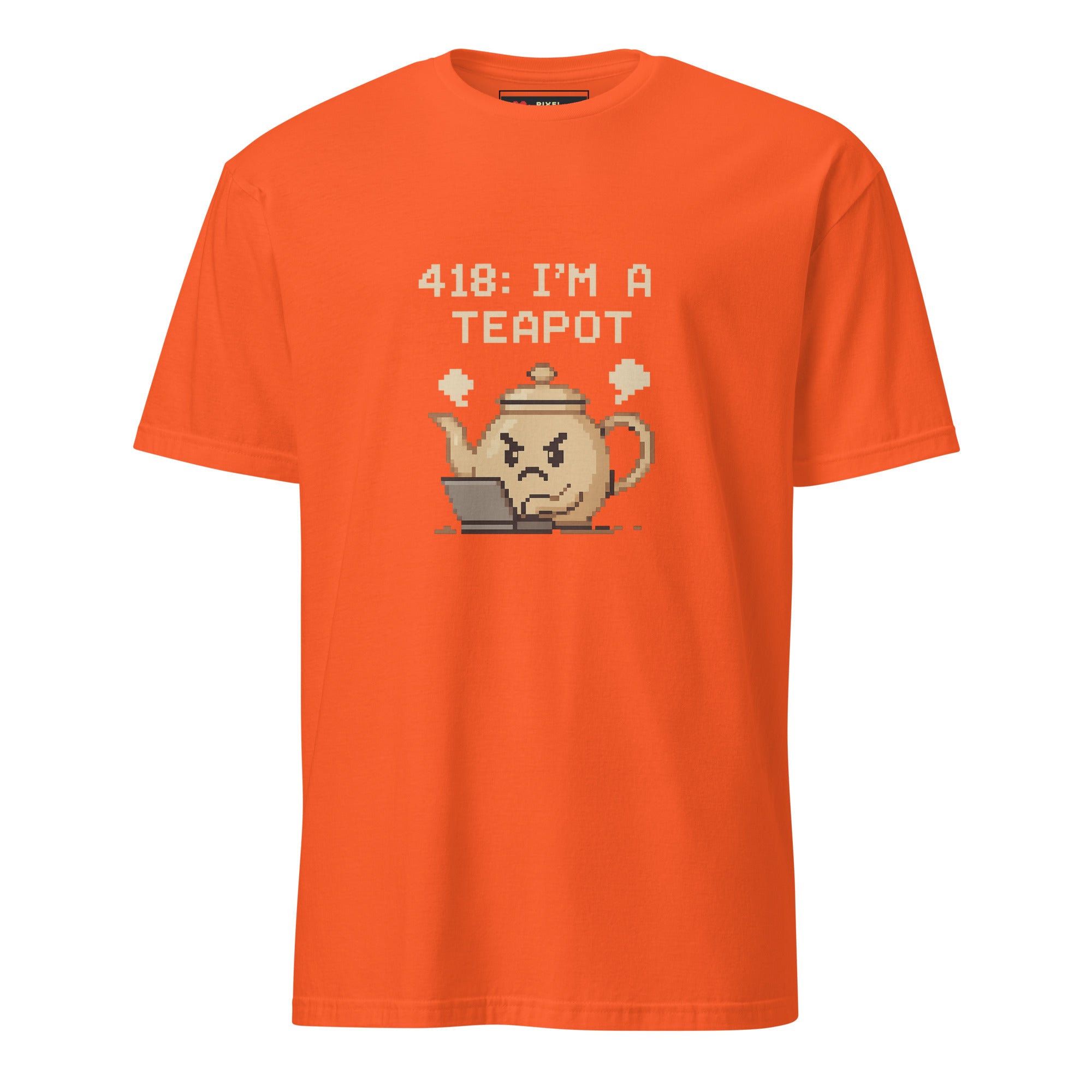 418 I am a Teapot pixel art HTTP status code t-shirt in orange