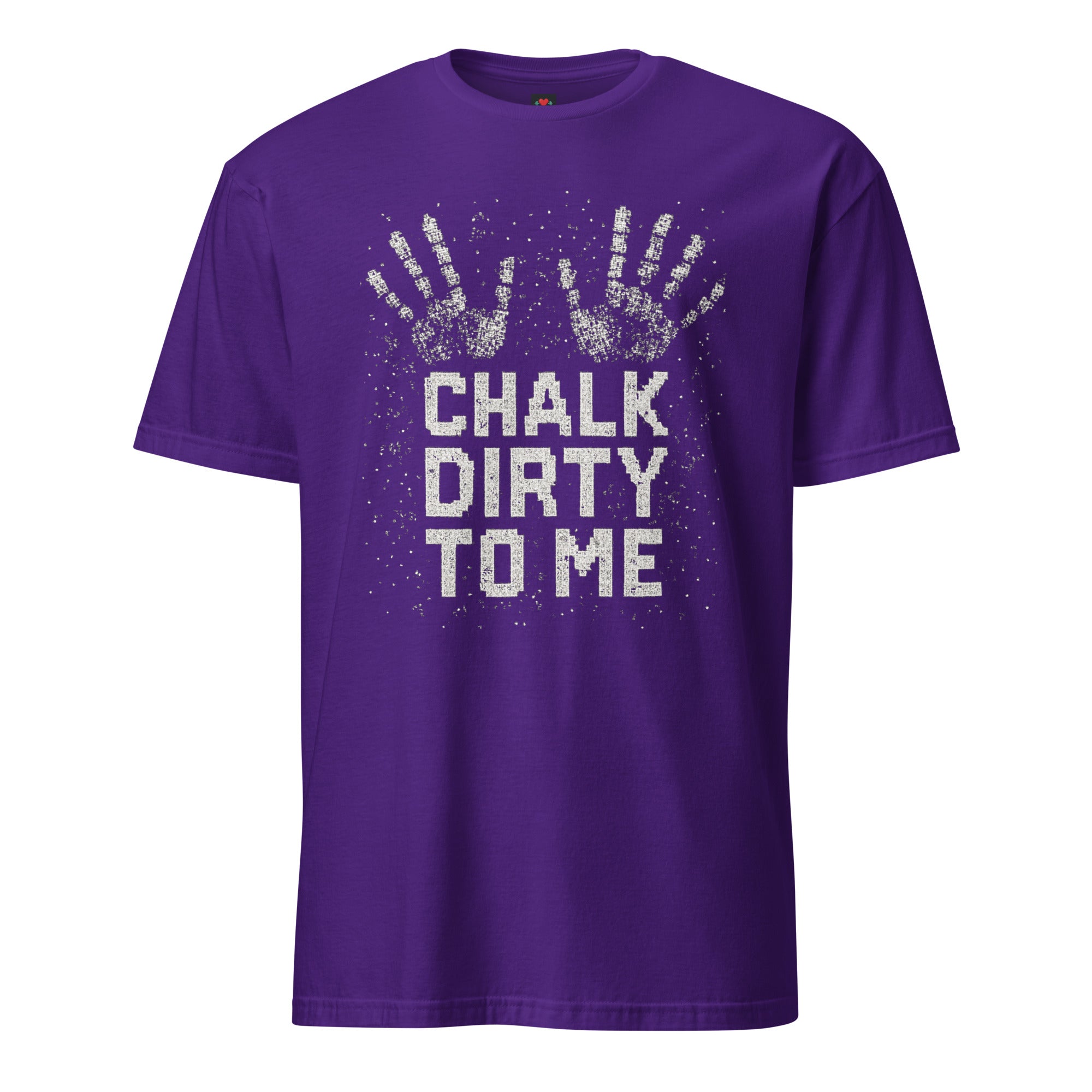 Chalk Dirty to Me pixel art gym chalk lifting t-shirt in purple