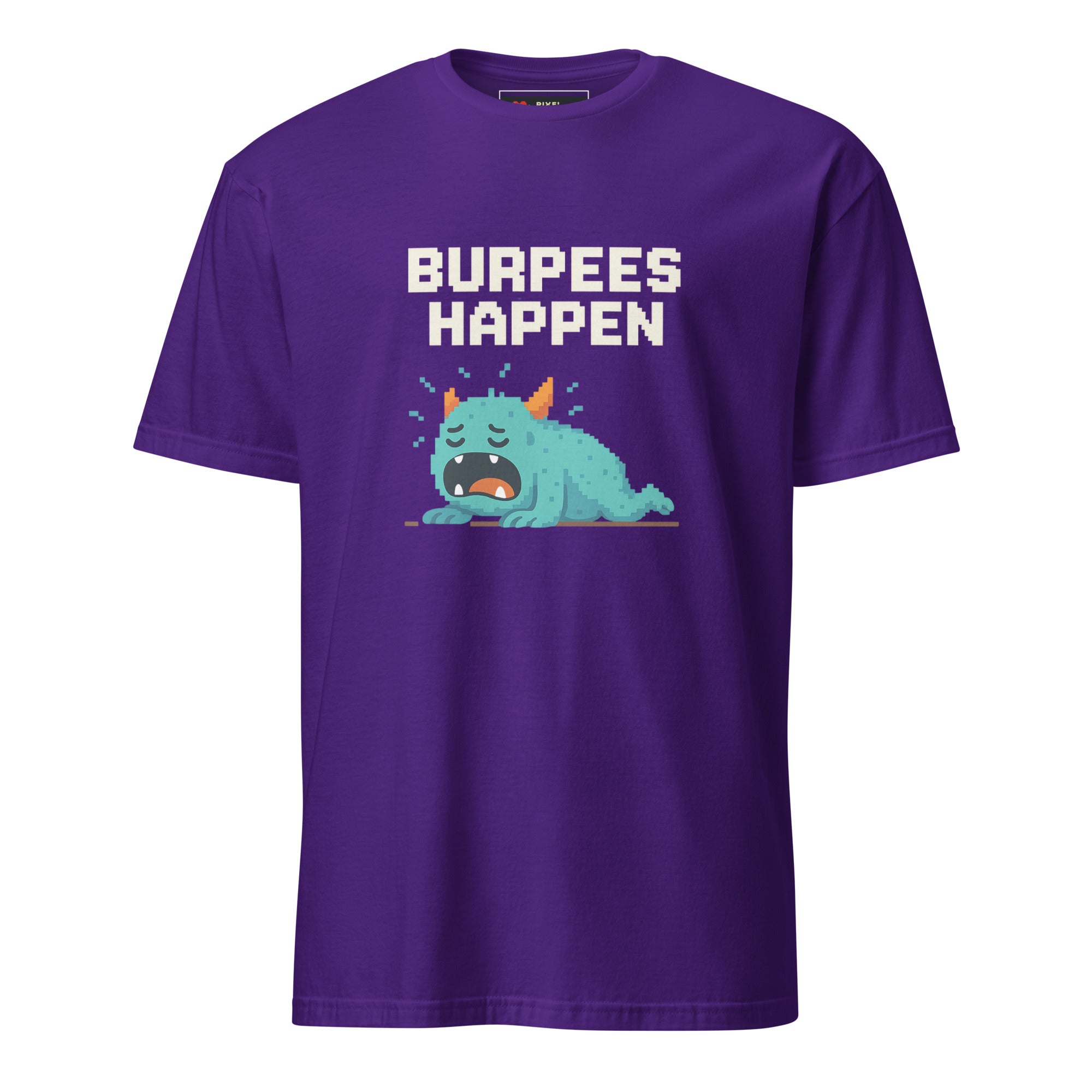Burpees Happen pixel art workout fitness t-shirt in purple