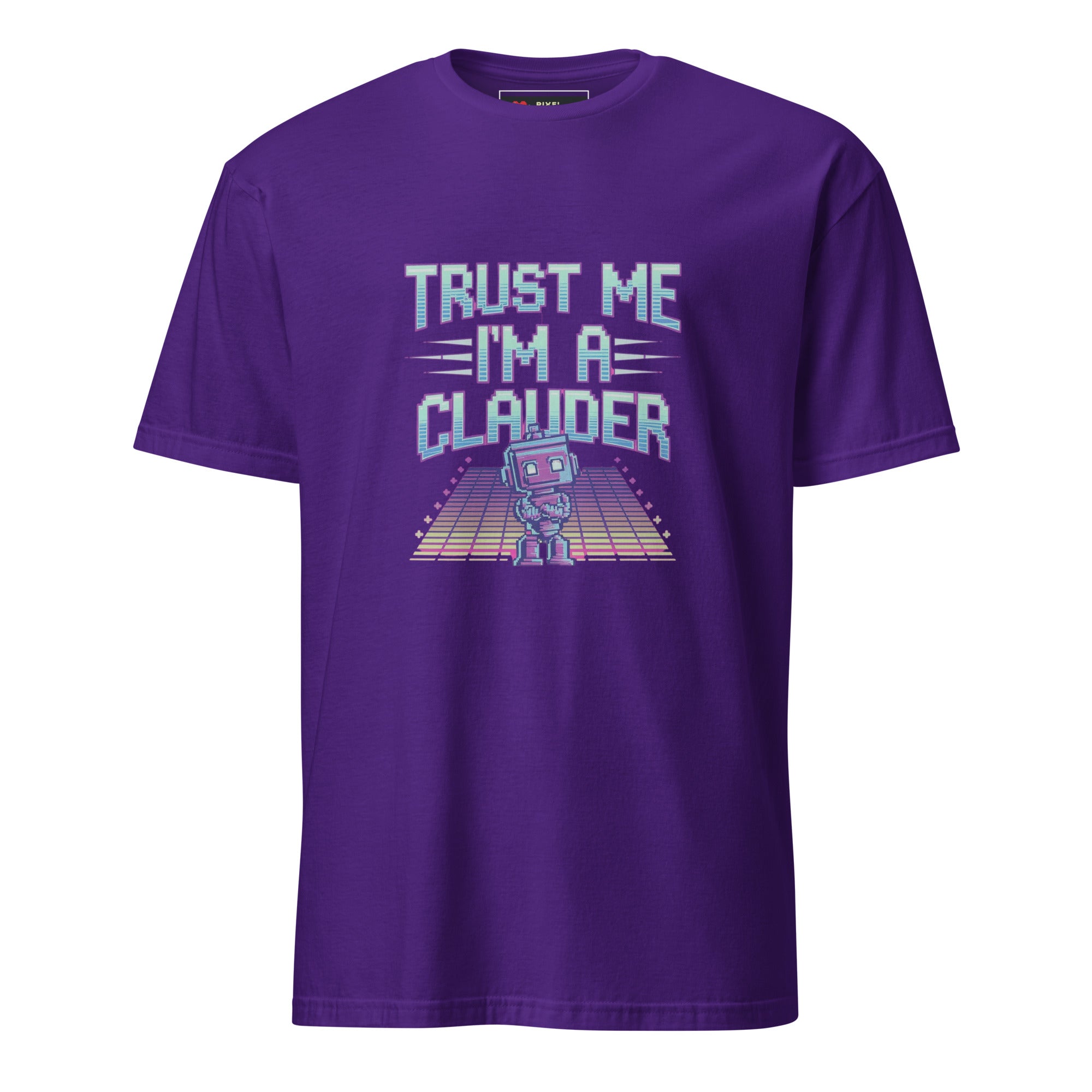 Trust Me I am a Clauder pixel art developer t-shirt in purple