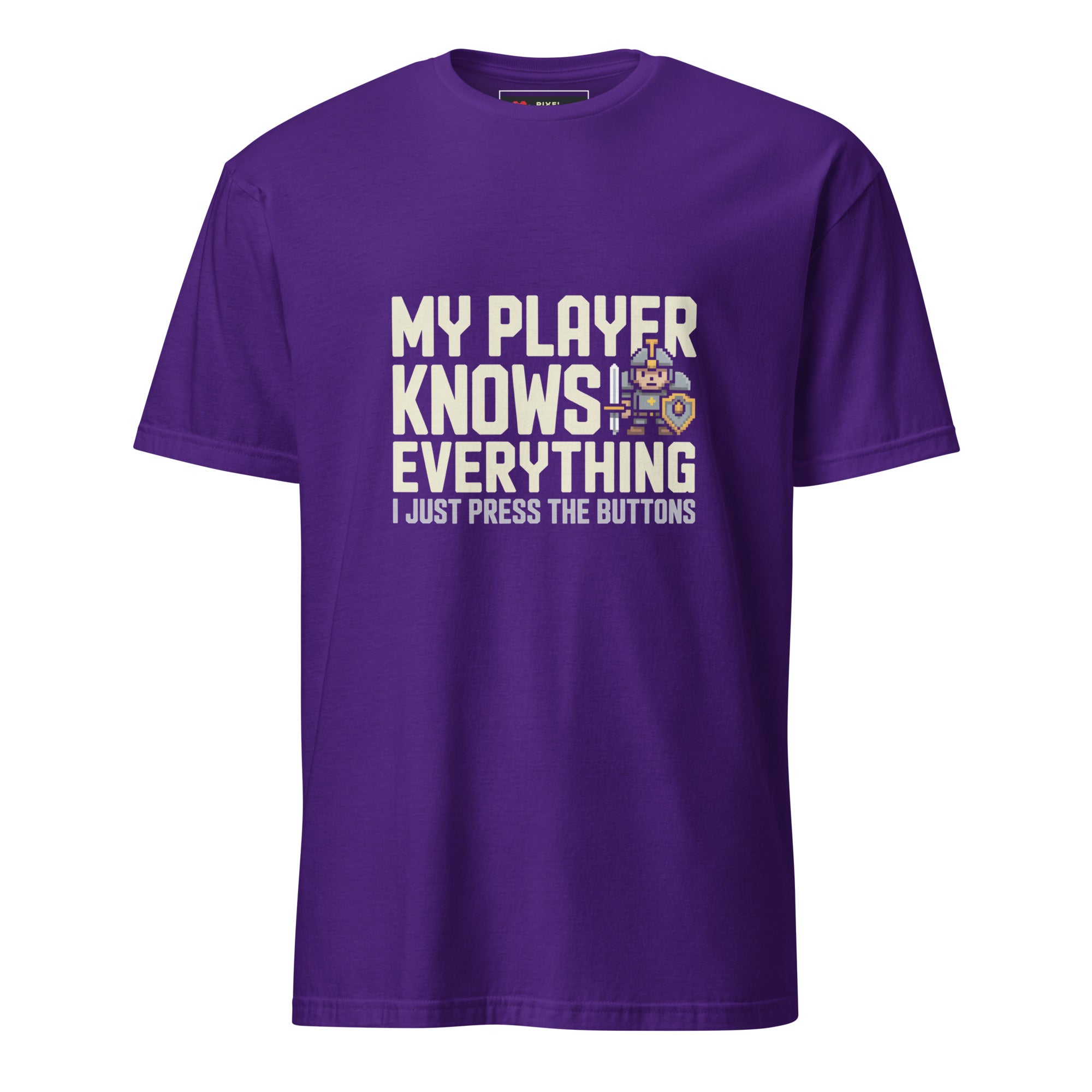 My Player Knows Everything pixel art RPG knight gamer t-shirt in purple