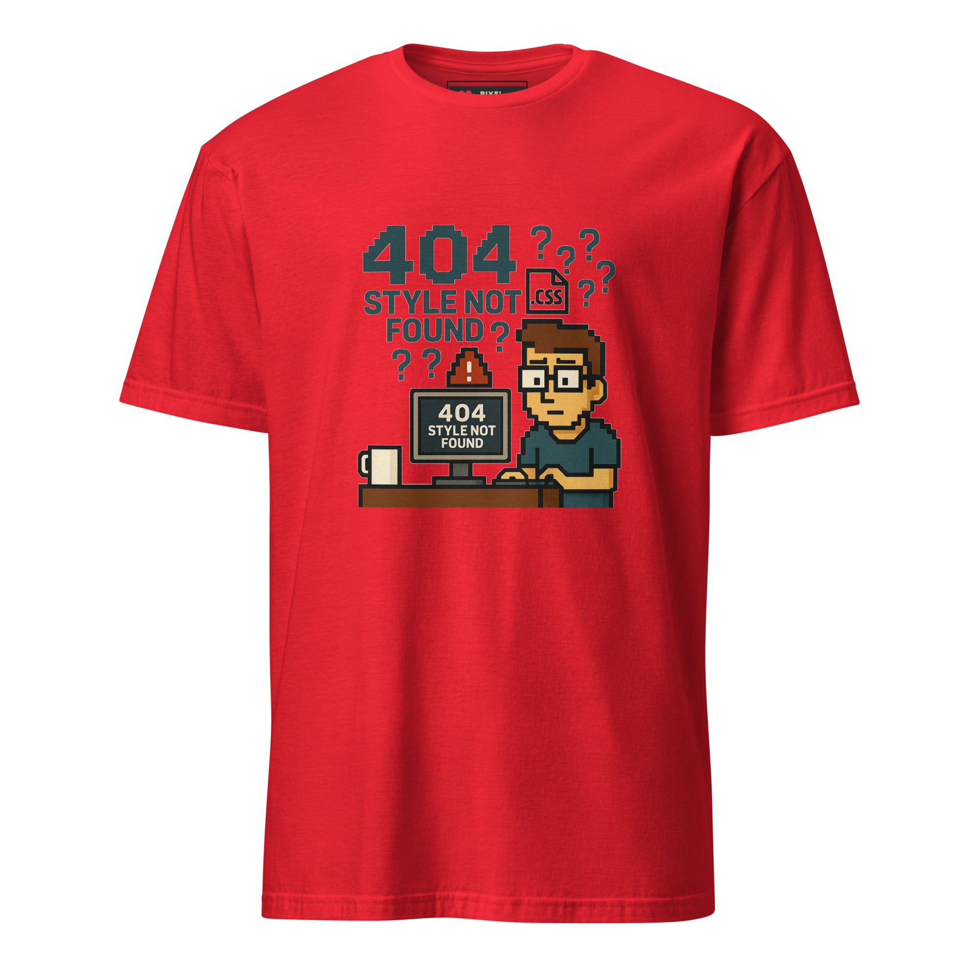 404 Style Not Found pixel art developer t-shirt in red