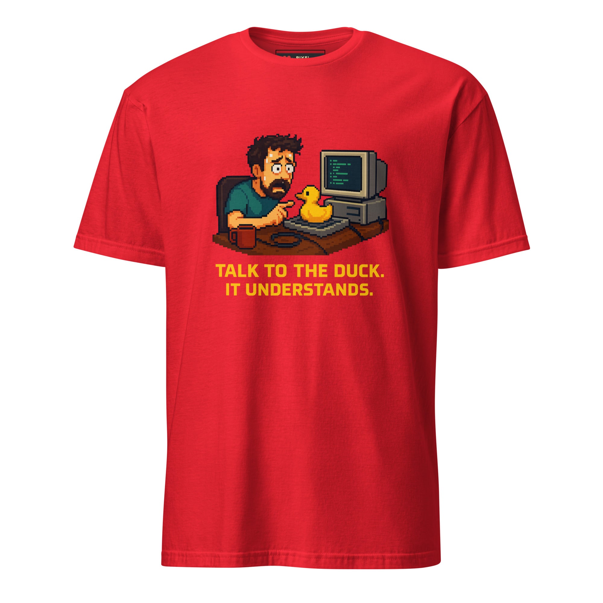 Talk to the Duck pixel art rubber duck debugging developer t-shirt in red