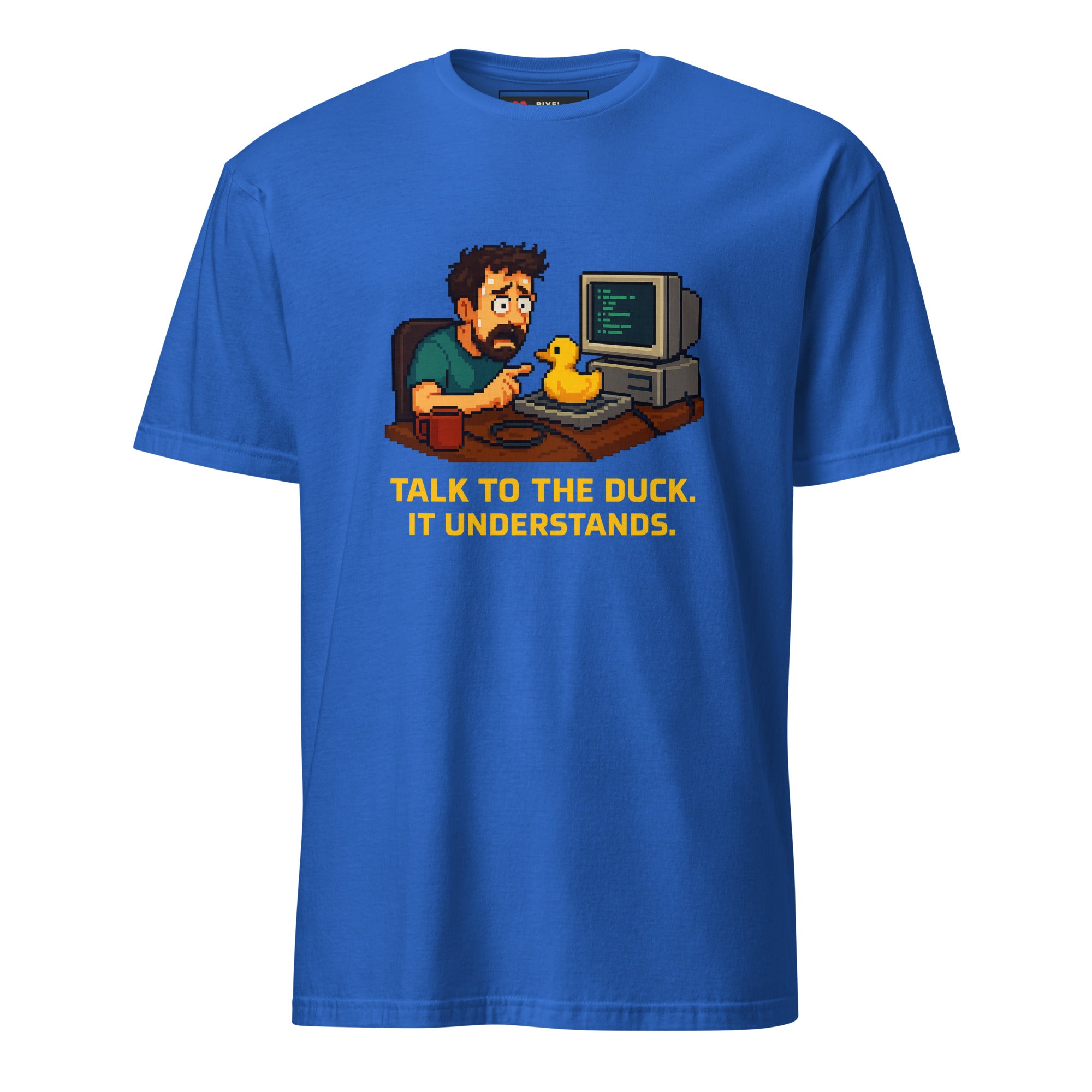 Talk to the Duck pixel art rubber duck debugging developer t-shirt in royal